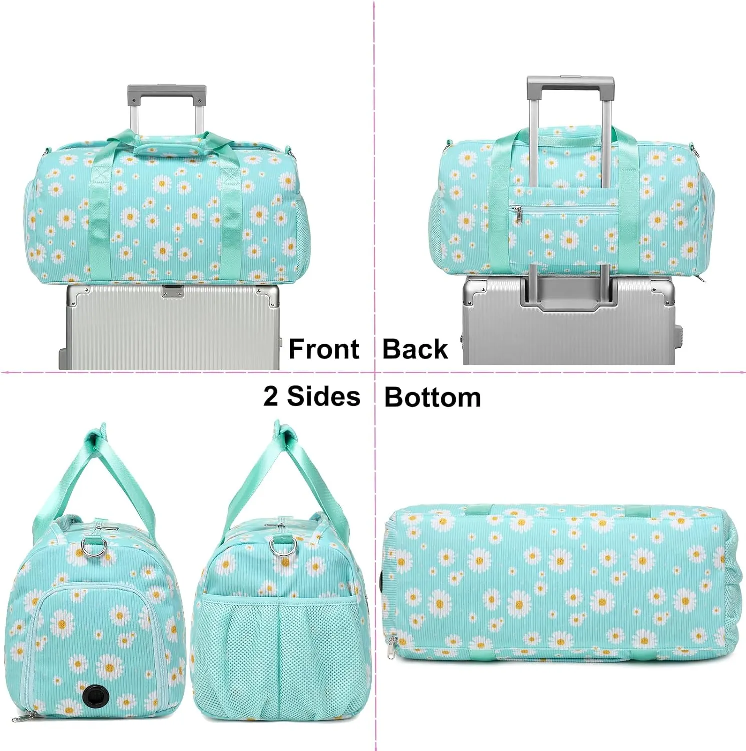 Corduroy Dance Gym Sports Duffle Ballet Weekender Overnight Yoga Cheer Bag for Girls Teen Women with Separate Dry Wet Pocket and Shoes Compartment (Green Daisy)