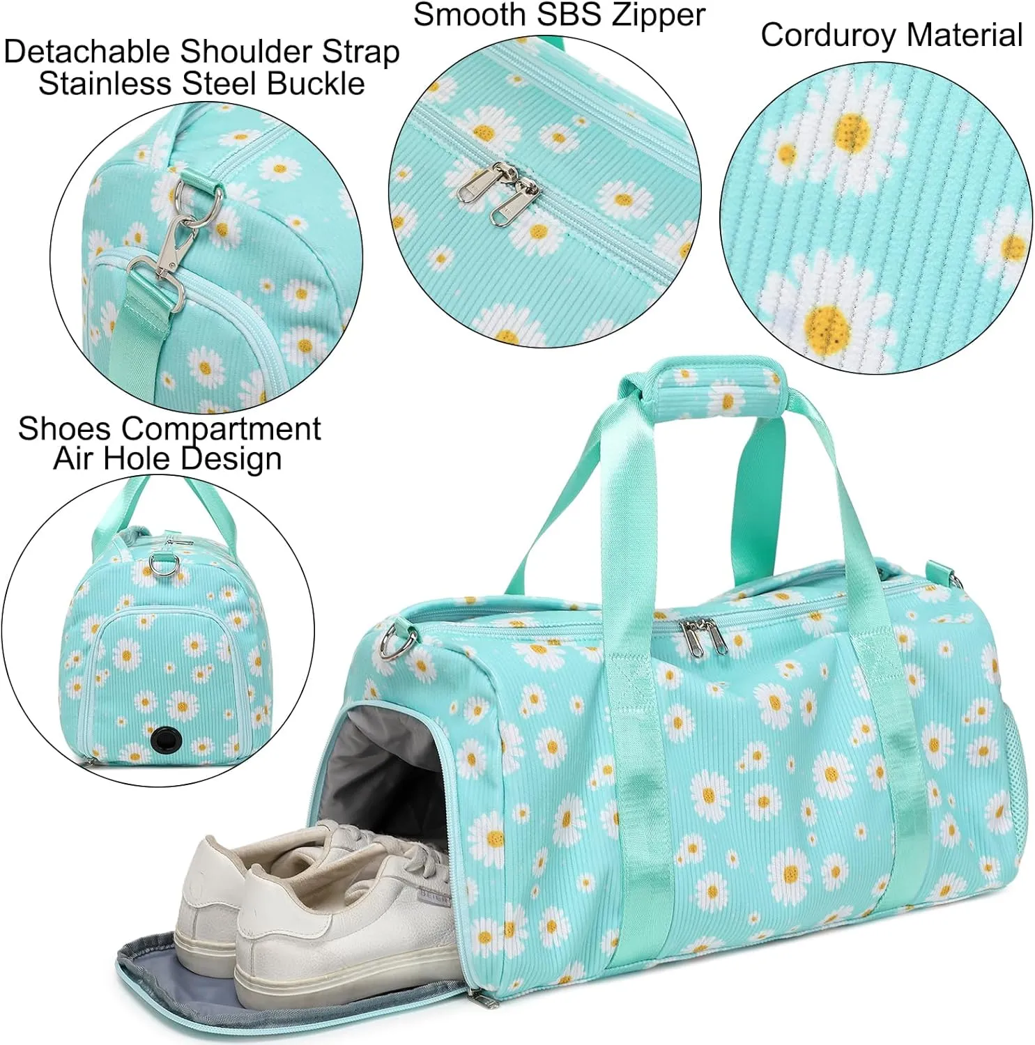 Corduroy Dance Gym Sports Duffle Ballet Weekender Overnight Yoga Cheer Bag for Girls Teen Women with Separate Dry Wet Pocket and Shoes Compartment (Green Daisy)