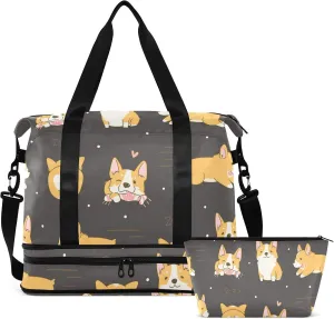 Corgi Cute Dogs Travel Duffel Bag for Women Men Gym Bag with Shoe Compartment Wet Pocket Carry On Weekender Overnight Bags for Travel Gym Yoga School