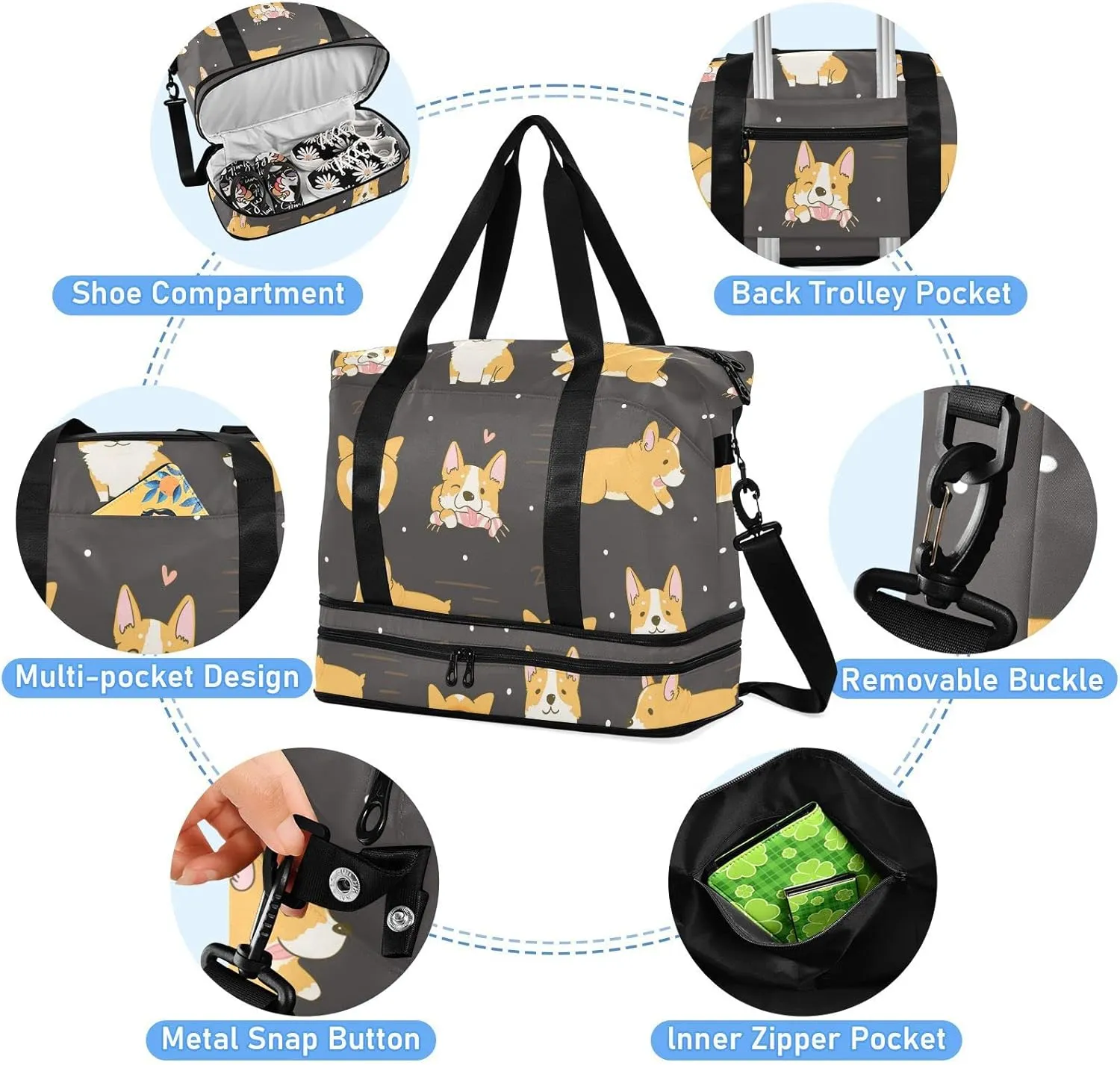 Corgi Cute Dogs Travel Duffel Bag for Women Men Gym Bag with Shoe Compartment Wet Pocket Carry On Weekender Overnight Bags for Travel Gym Yoga School