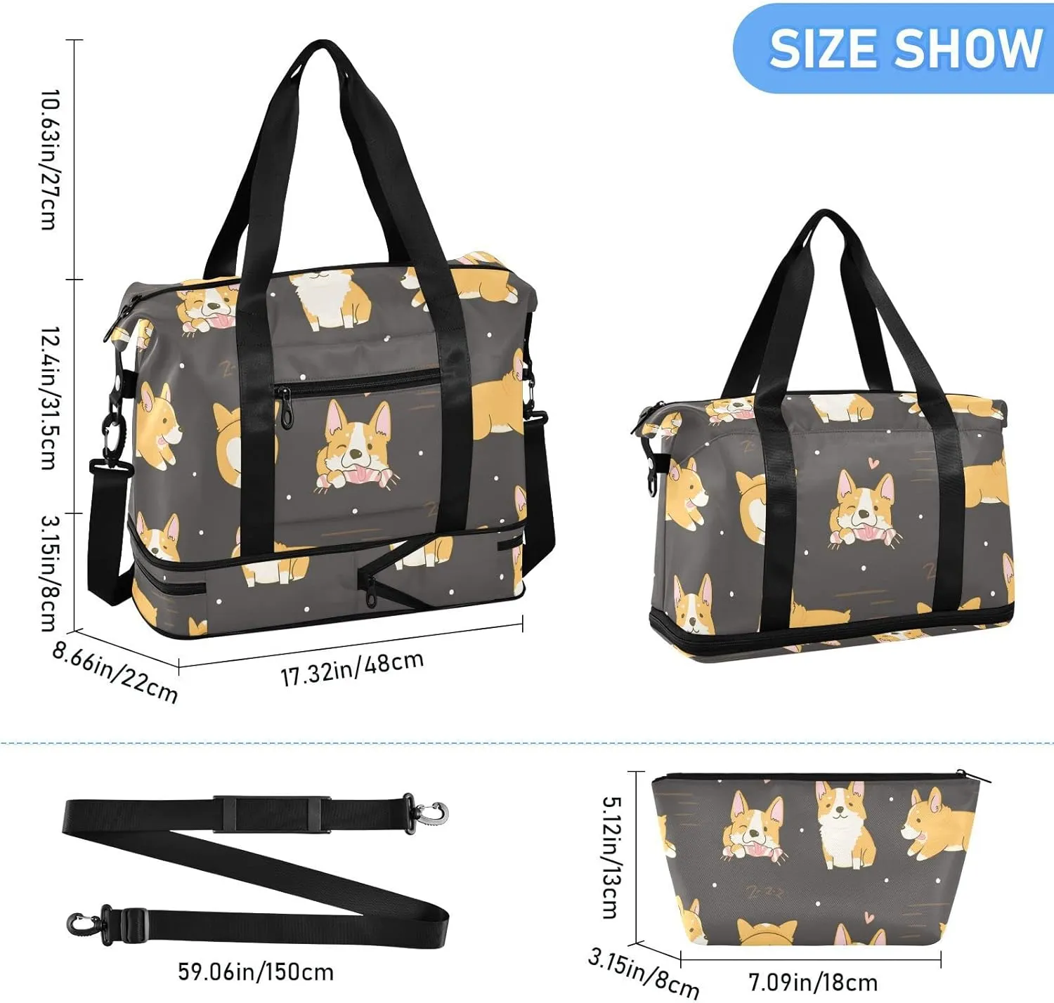 Corgi Cute Dogs Travel Duffel Bag for Women Men Gym Bag with Shoe Compartment Wet Pocket Carry On Weekender Overnight Bags for Travel Gym Yoga School