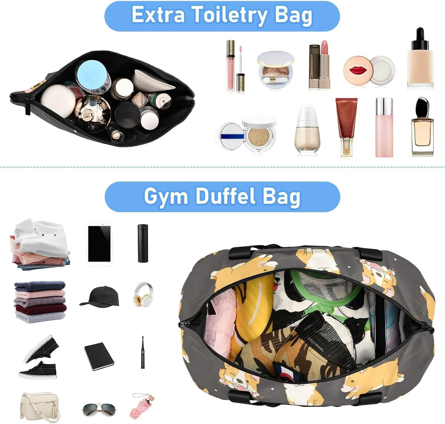 Corgi Cute Dogs Travel Duffel Bag for Women Men Gym Bag with Shoe Compartment Wet Pocket Carry On Weekender Overnight Bags for Travel Gym Yoga School