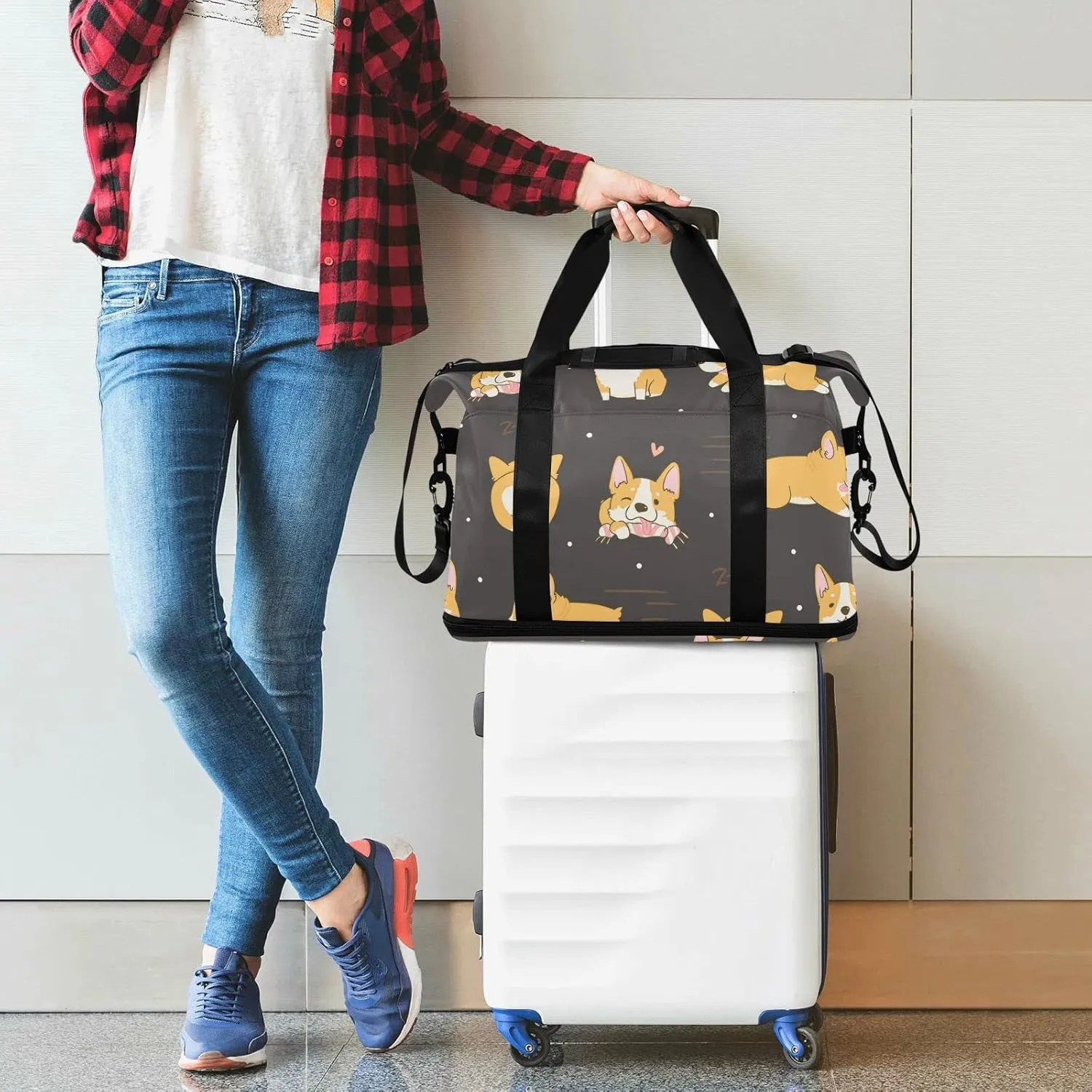 Corgi Cute Dogs Travel Duffel Bag for Women Men Gym Bag with Shoe Compartment Wet Pocket Carry On Weekender Overnight Bags for Travel Gym Yoga School