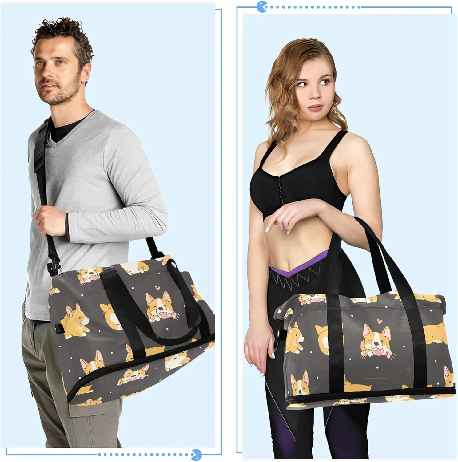 Corgi Cute Dogs Travel Duffel Bag for Women Men Gym Bag with Shoe Compartment Wet Pocket Carry On Weekender Overnight Bags for Travel Gym Yoga School