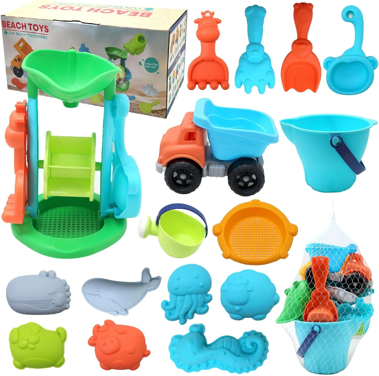 CORPER TOYS Beach Toys for Kids with Construction Truck, Water Wheel Tower, Bucket, Watering Can, Sand Sieve, Shovel, Rake, Animal Sand Molds & Mesh Bag Sandbox Toys