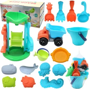 CORPER TOYS Beach Toys for Kids with Construction Truck, Water Wheel Tower, Bucket, Watering Can, Sand Sieve, Shovel, Rake, Animal Sand Molds & Mesh Bag Sandbox Toys