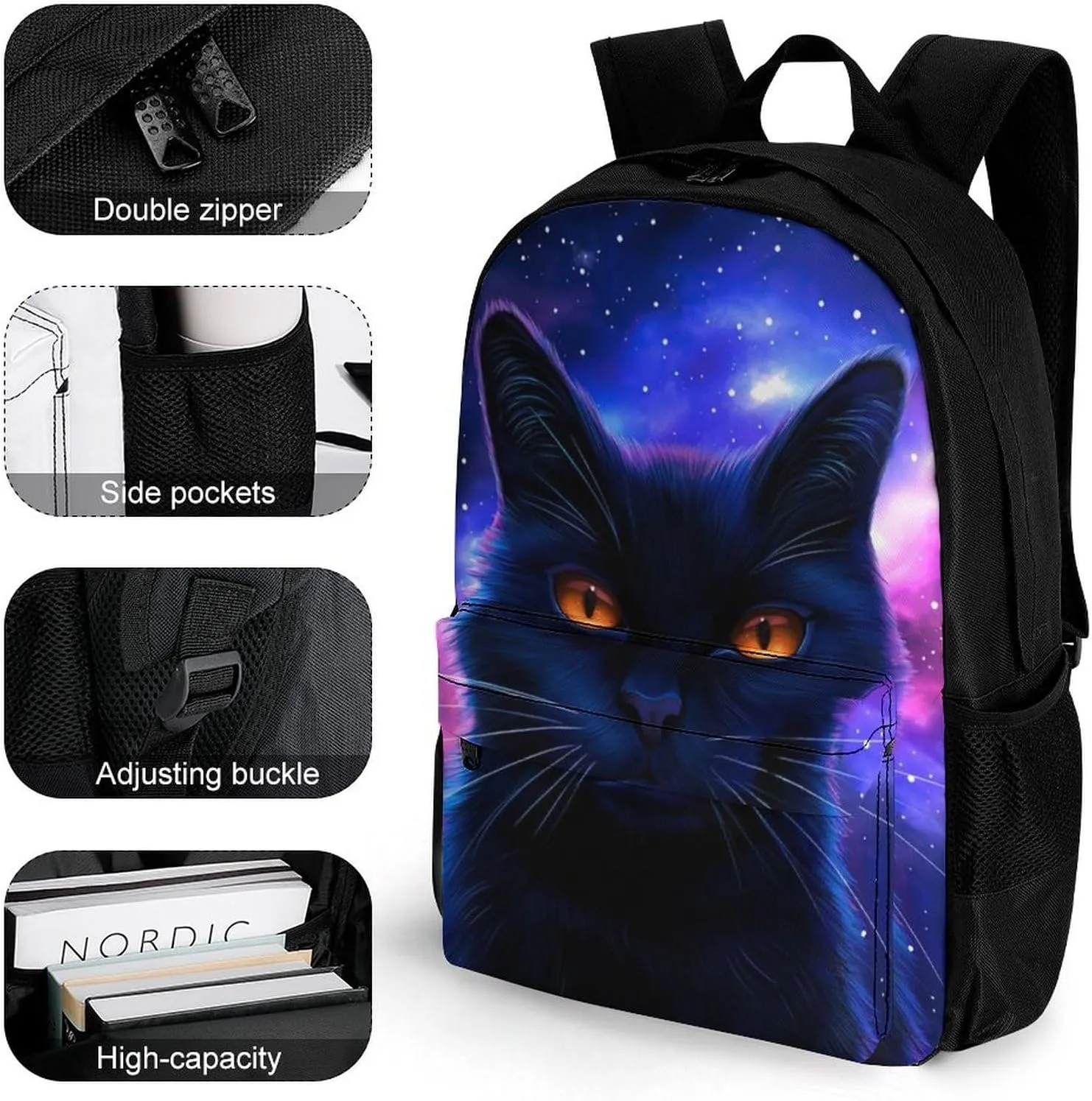 Cosmic Black Cat Eye Flames Burning Starry Sky Rt Rucksacks Polyester Anti-Theft Multipurpose Carry On Bag Large Capacity Gym Outdoor Hiking Backpack With Smooth Zippers