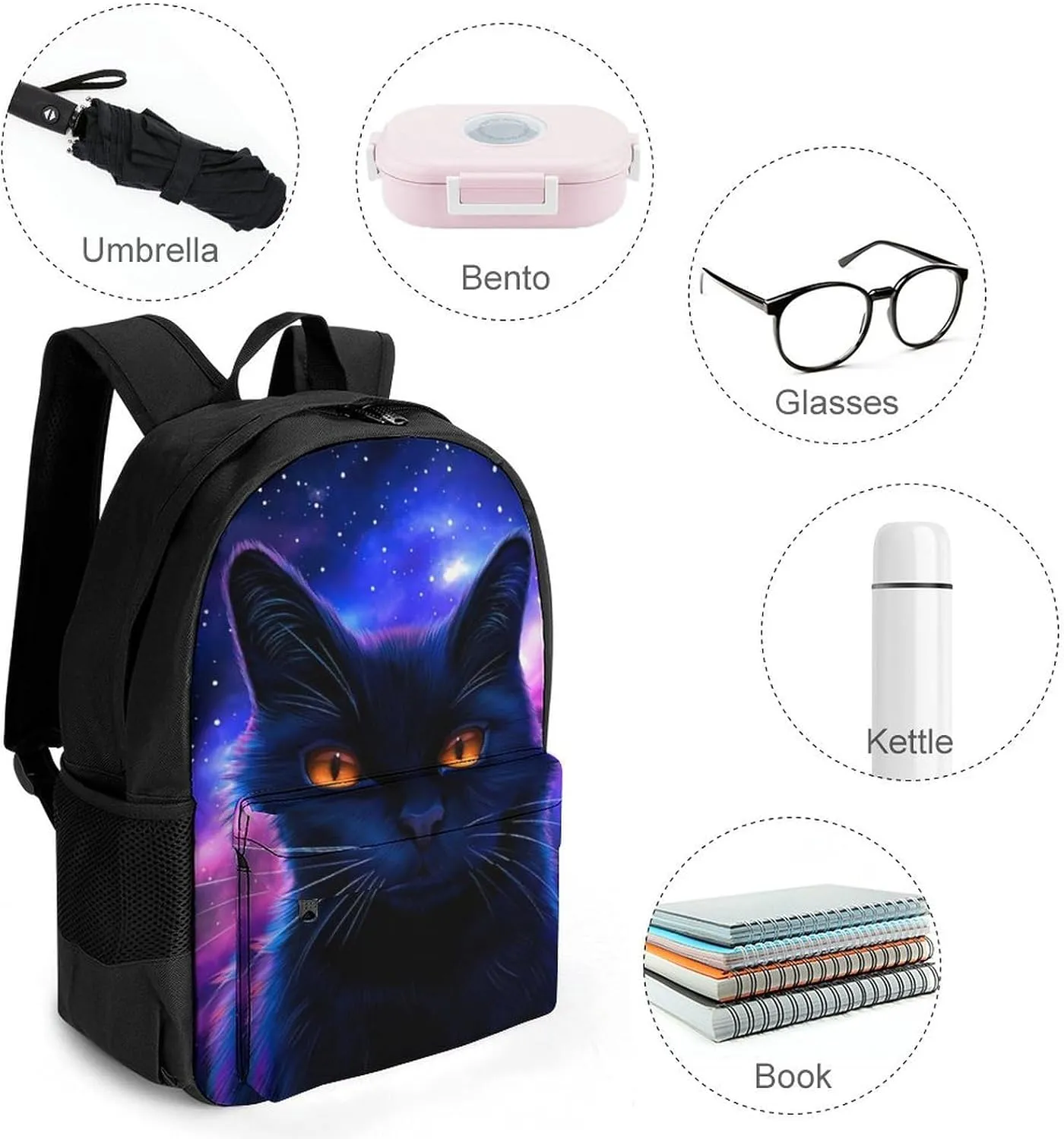 Cosmic Black Cat Eye Flames Burning Starry Sky Rt Rucksacks Polyester Anti-Theft Multipurpose Carry On Bag Large Capacity Gym Outdoor Hiking Backpack With Smooth Zippers
