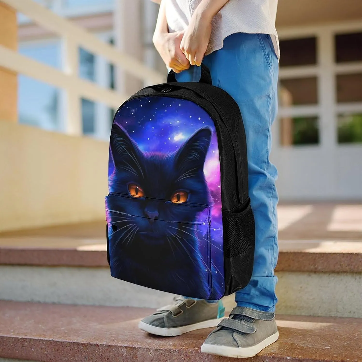 Cosmic Black Cat Eye Flames Burning Starry Sky Rt Rucksacks Polyester Anti-Theft Multipurpose Carry On Bag Large Capacity Gym Outdoor Hiking Backpack With Smooth Zippers