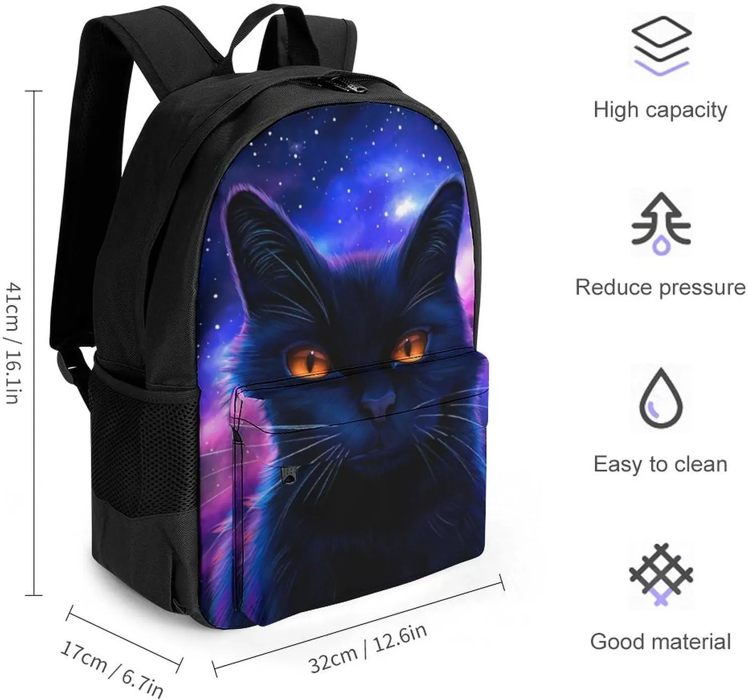 Cosmic Black Cat Eye Flames Burning Starry Sky Rt Rucksacks Polyester Anti-Theft Multipurpose Carry On Bag Large Capacity Gym Outdoor Hiking Backpack With Smooth Zippers