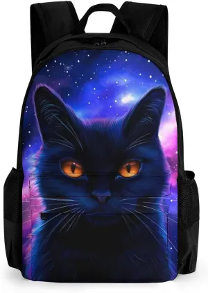 Cosmic Black Cat Eye Flames Burning Starry Sky Rt Rucksacks Polyester Anti-Theft Multipurpose Carry On Bag Large Capacity Gym Outdoor Hiking Backpack With Smooth Zippers