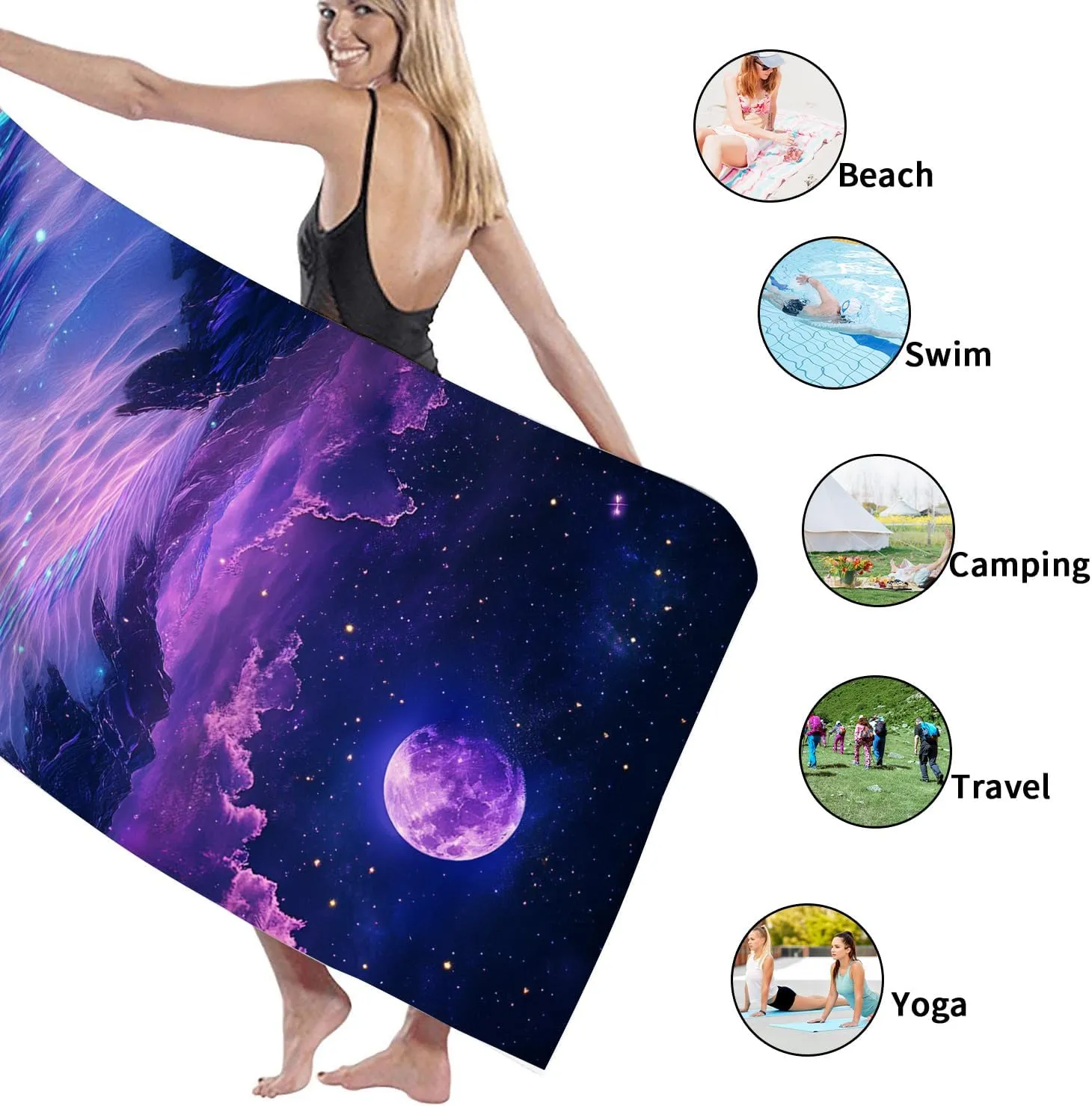 Cosmic Ocean Microfiber Beach Towel Violet Galaxy Art Bath Towel, Quick Dry Absorbent Sand Free Soft Lightweight Beach Blanket, Dreamy Vacation Pool Picnic Essentials 62x31 Inch