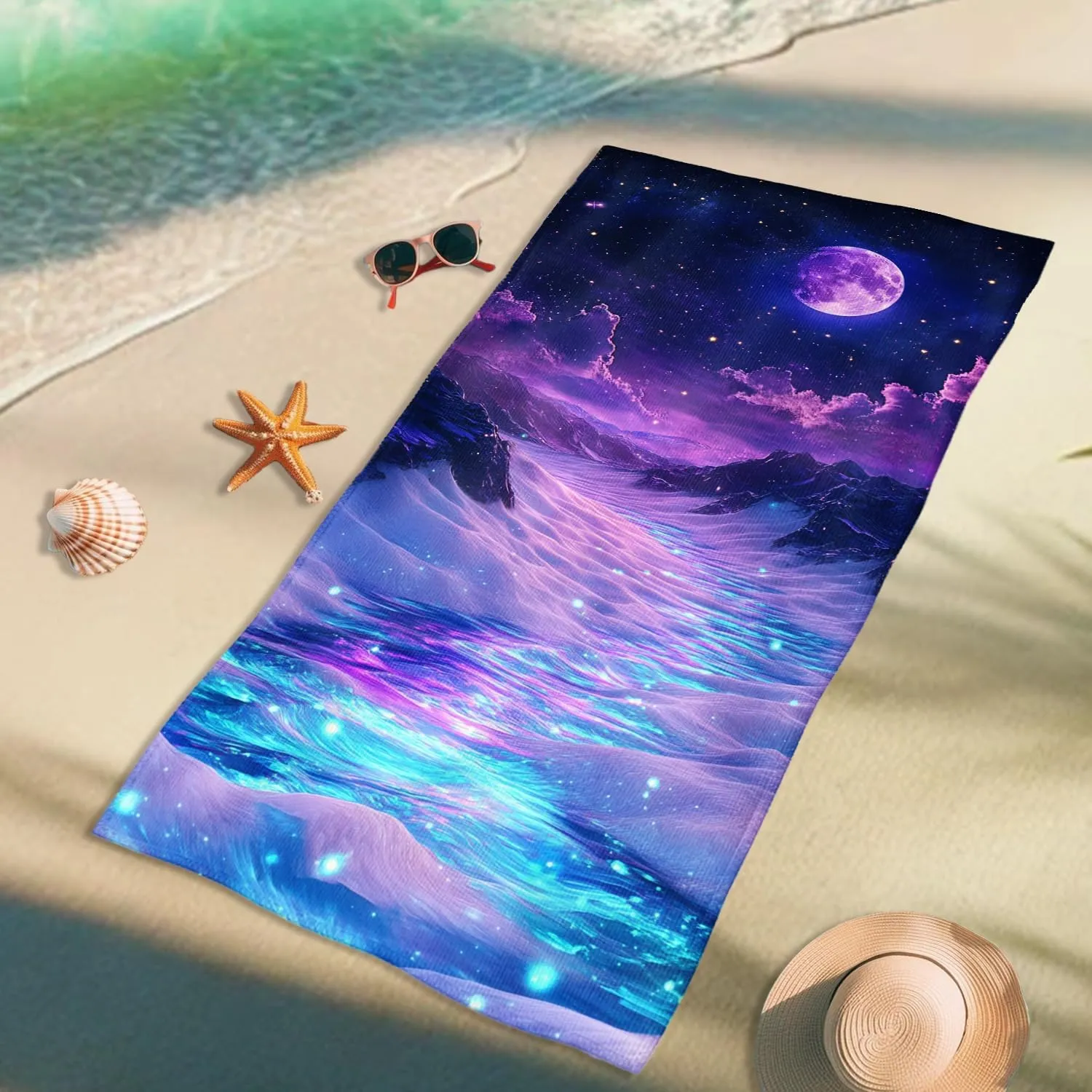 Cosmic Ocean Microfiber Beach Towel Violet Galaxy Art Bath Towel, Quick Dry Absorbent Sand Free Soft Lightweight Beach Blanket, Dreamy Vacation Pool Picnic Essentials 62x31 Inch