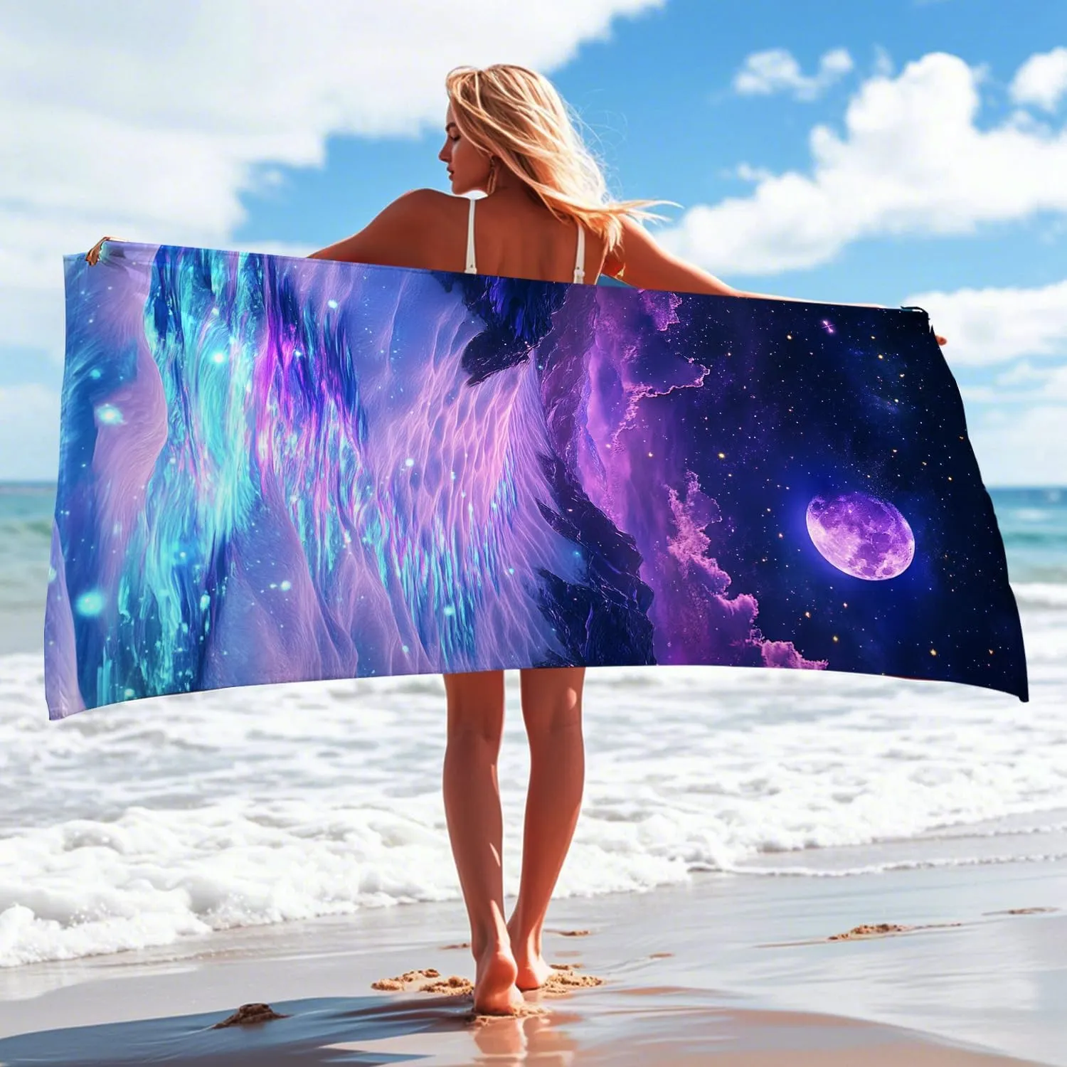 Cosmic Ocean Microfiber Beach Towel Violet Galaxy Art Bath Towel, Quick Dry Absorbent Sand Free Soft Lightweight Beach Blanket, Dreamy Vacation Pool Picnic Essentials 62x31 Inch