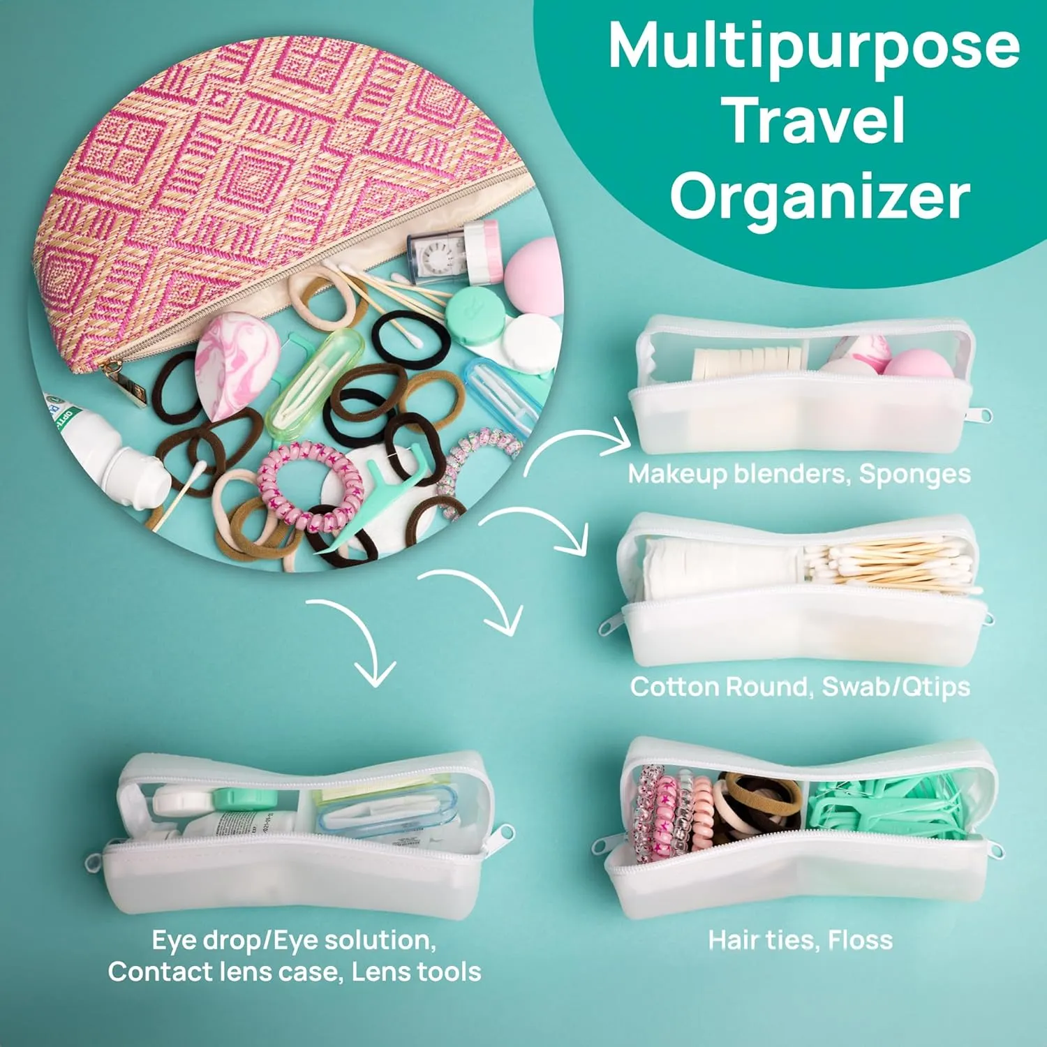 Cotton Round Swab Travel Case, 2 in 1 Portable Hair Accessories Organizer, Hair Tie and Bobby Pin Holder, Travel Qtips Case, Purse Organization, Floss Holder (Pink)