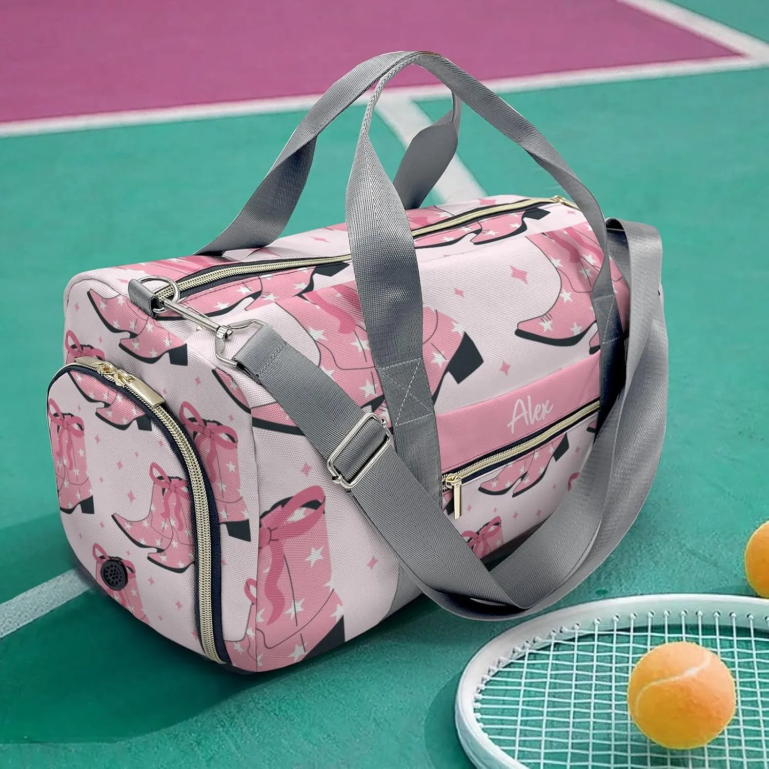 Cowgirl Pink Bow Personalized Duffel Bag,Custom Travel Gym Bag with Name,Waterproof Sports Overnight Bag with Shoe Compartment & Shoulder Strap