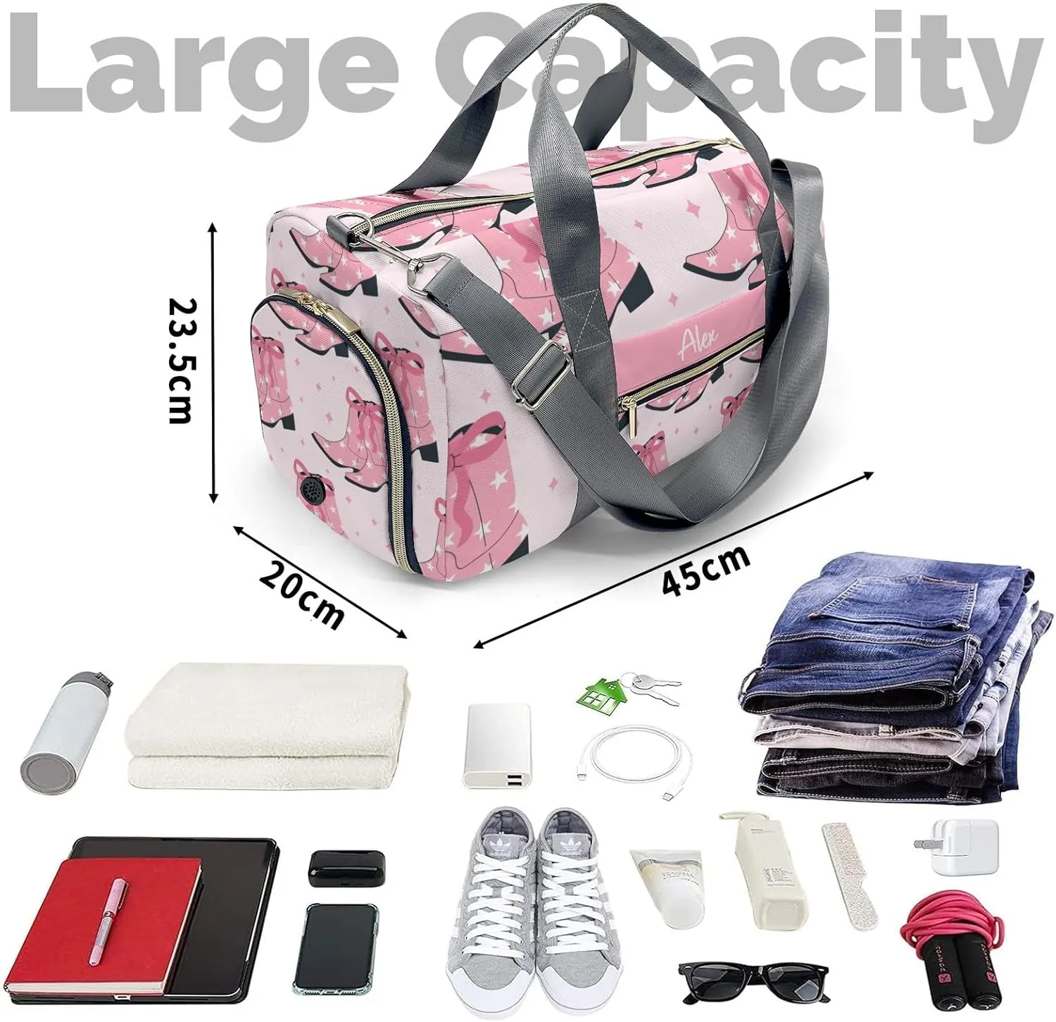 Cowgirl Pink Bow Personalized Duffel Bag,Custom Travel Gym Bag with Name,Waterproof Sports Overnight Bag with Shoe Compartment & Shoulder Strap