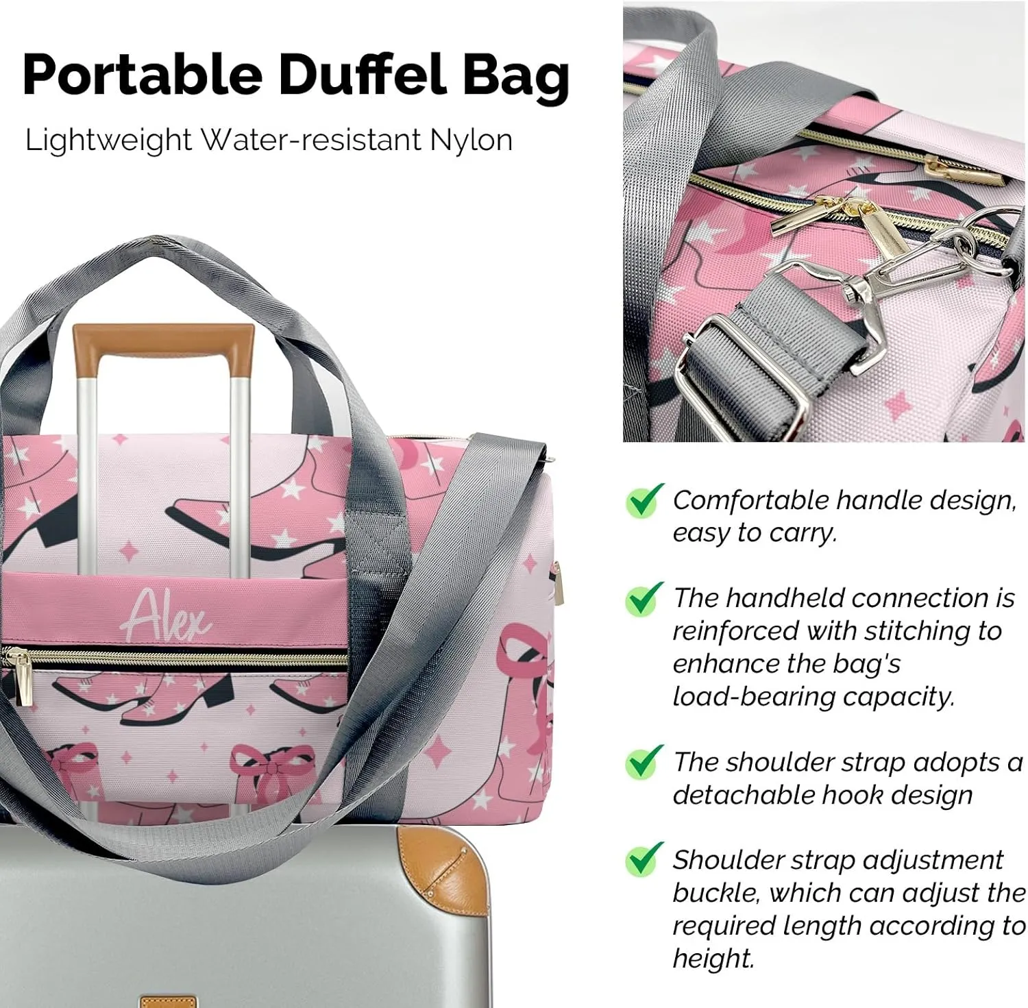 Cowgirl Pink Bow Personalized Duffel Bag,Custom Travel Gym Bag with Name,Waterproof Sports Overnight Bag with Shoe Compartment & Shoulder Strap