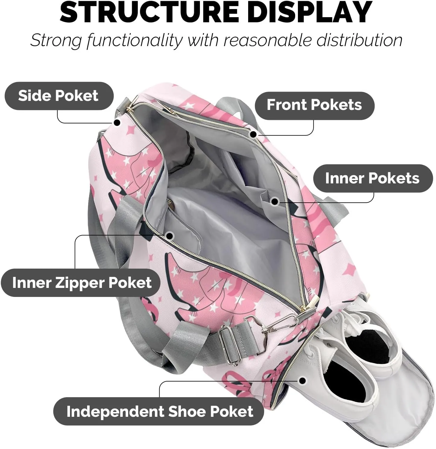 Cowgirl Pink Bow Personalized Duffel Bag,Custom Travel Gym Bag with Name,Waterproof Sports Overnight Bag with Shoe Compartment & Shoulder Strap