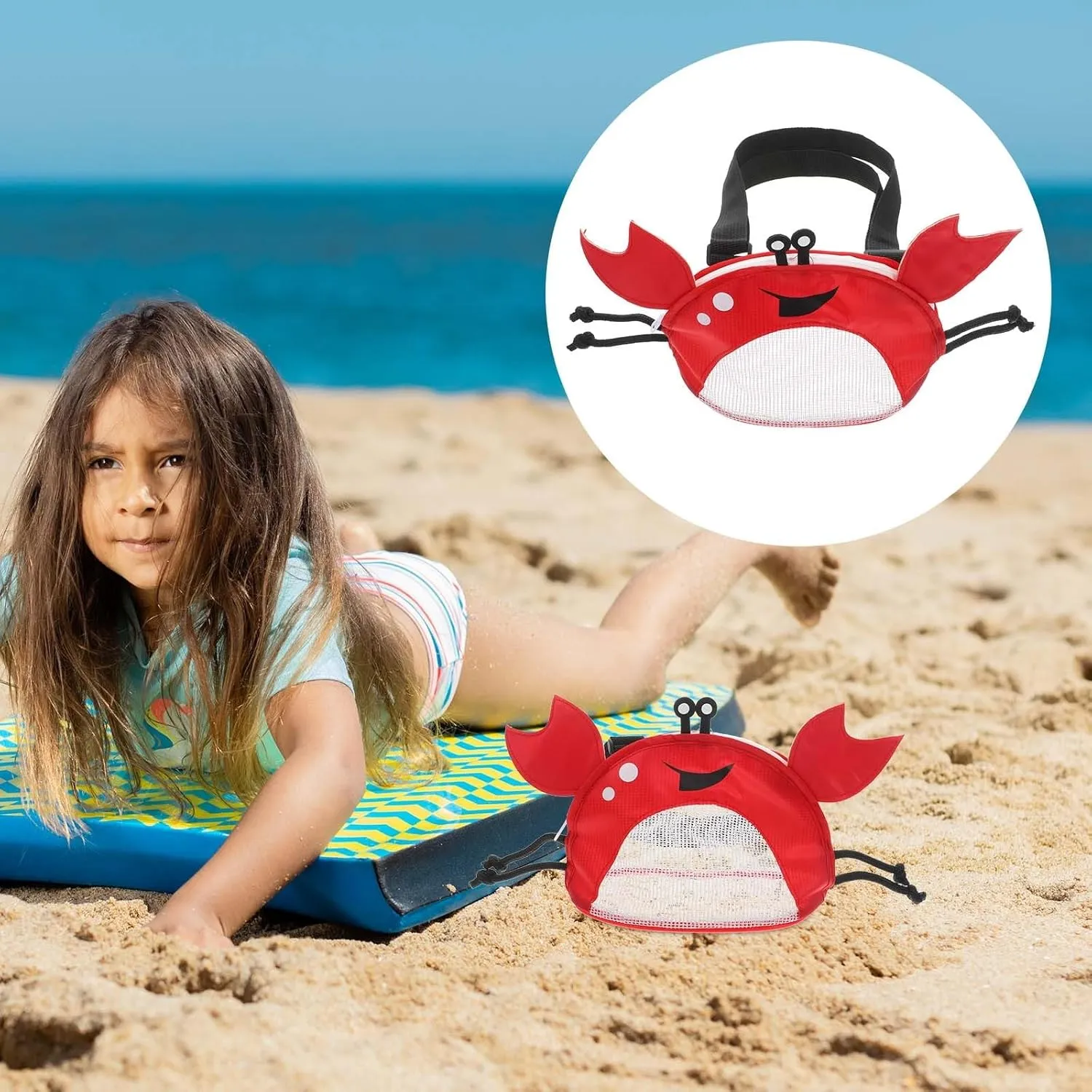 Crab Shape Kids Beach Bag - Mesh Seashell Collecting Bag with Adjustable Strap Pvc Material Red 11.02 X 6.29 X 4.13 Inches Ideal for Beach Pool Parties and Outdoor