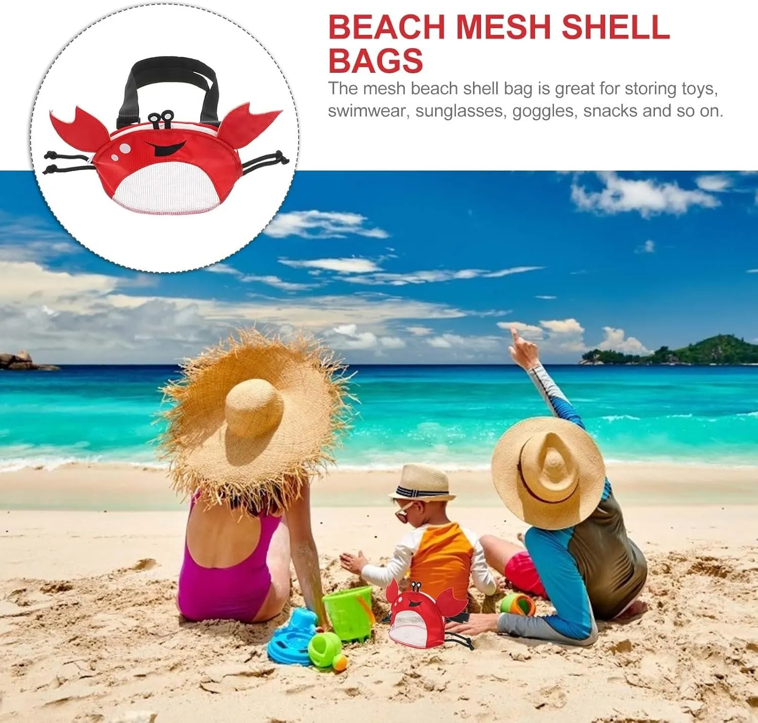 Crab Shape Kids Beach Bag - Mesh Seashell Collecting Bag with Adjustable Strap Pvc Material Red 11.02 X 6.29 X 4.13 Inches Ideal for Beach Pool Parties and Outdoor