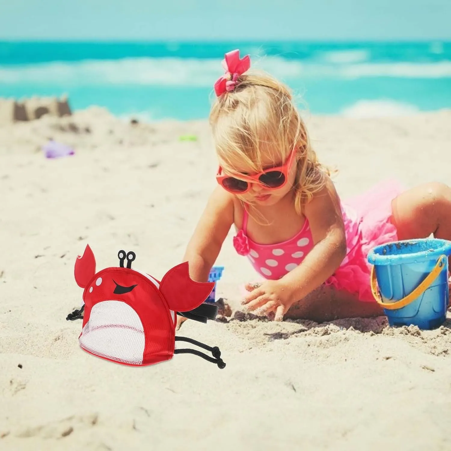 Crab Shape Kids Beach Bag - Mesh Seashell Collecting Bag with Adjustable Strap Pvc Material Red 11.02 X 6.29 X 4.13 Inches Ideal for Beach Pool Parties and Outdoor