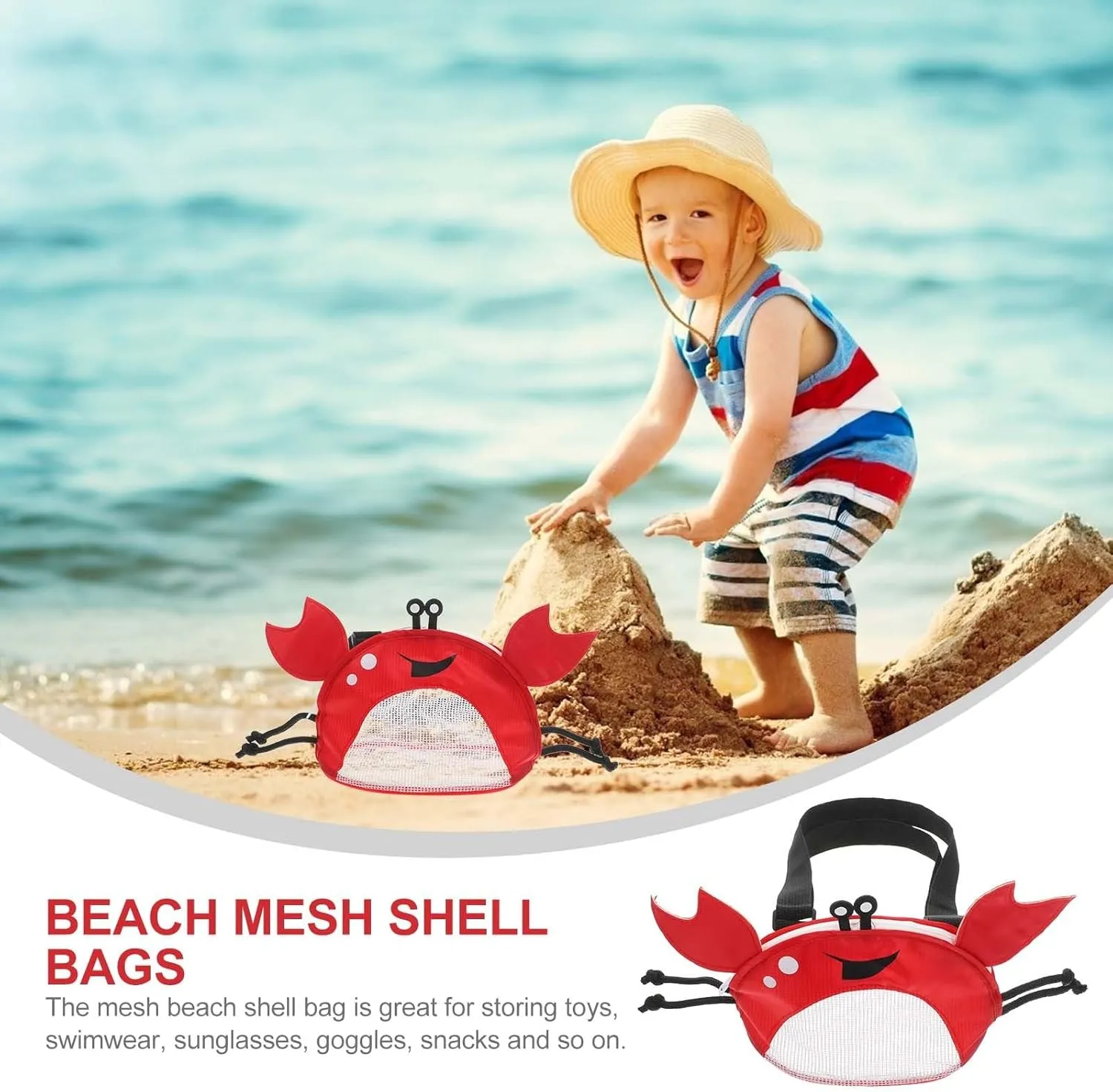 Crab Shape Kids Beach Bag - Mesh Seashell Collecting Bag with Adjustable Strap Pvc Material Red 11.02 X 6.29 X 4.13 Inches Ideal for Beach Pool Parties and Outdoor