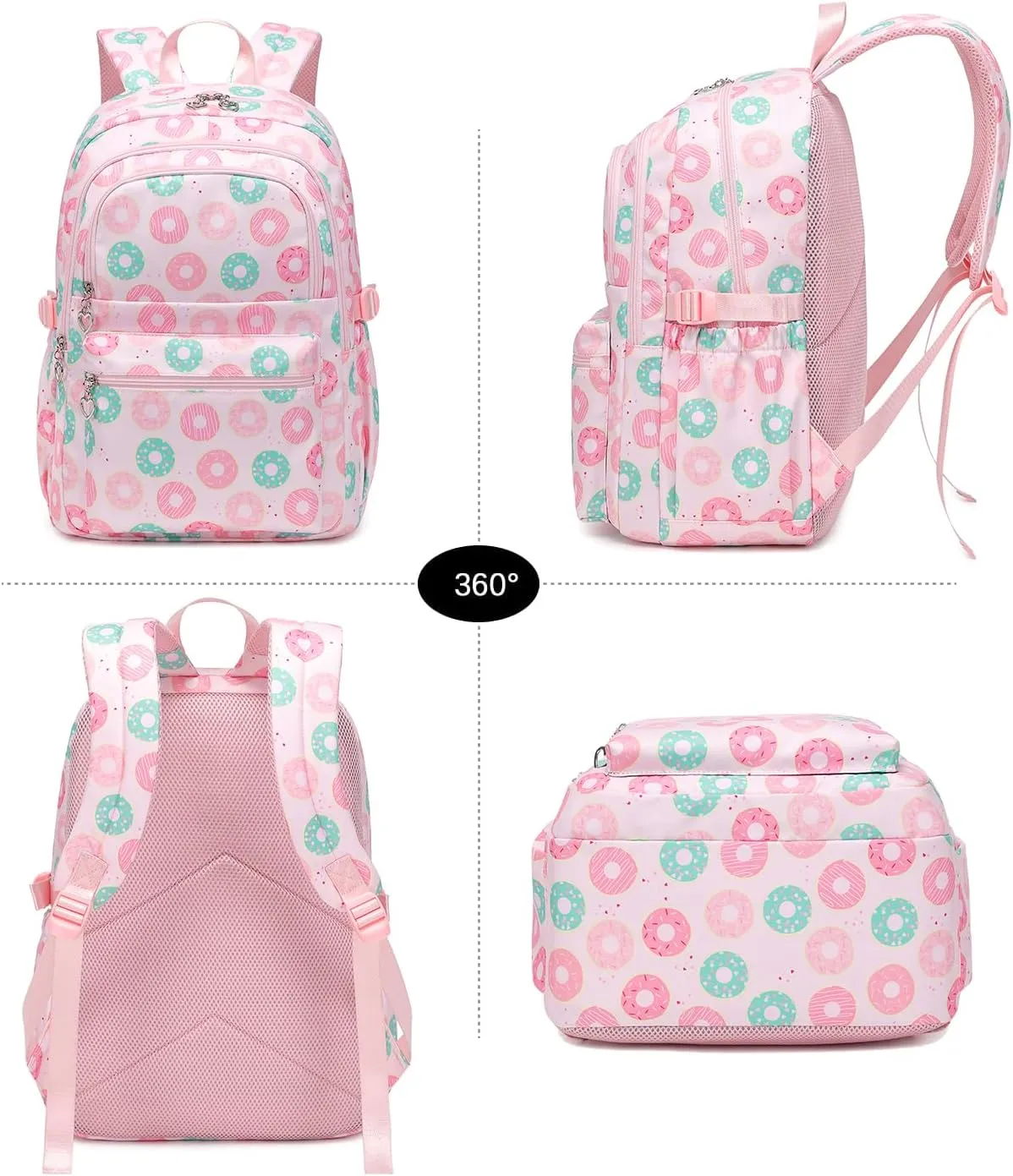 Createy Donut Prints Girls Backpack with Lunch Box Lightweight Elementary Primary Middle Backpack for School Kids BookBags Set