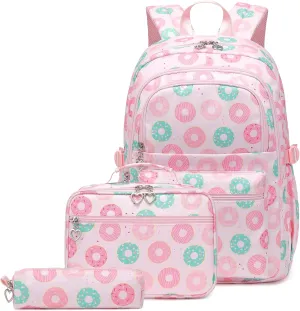 Createy Donut Prints Girls Backpack with Lunch Box Lightweight Elementary Primary Middle Backpack for School Kids BookBags Set