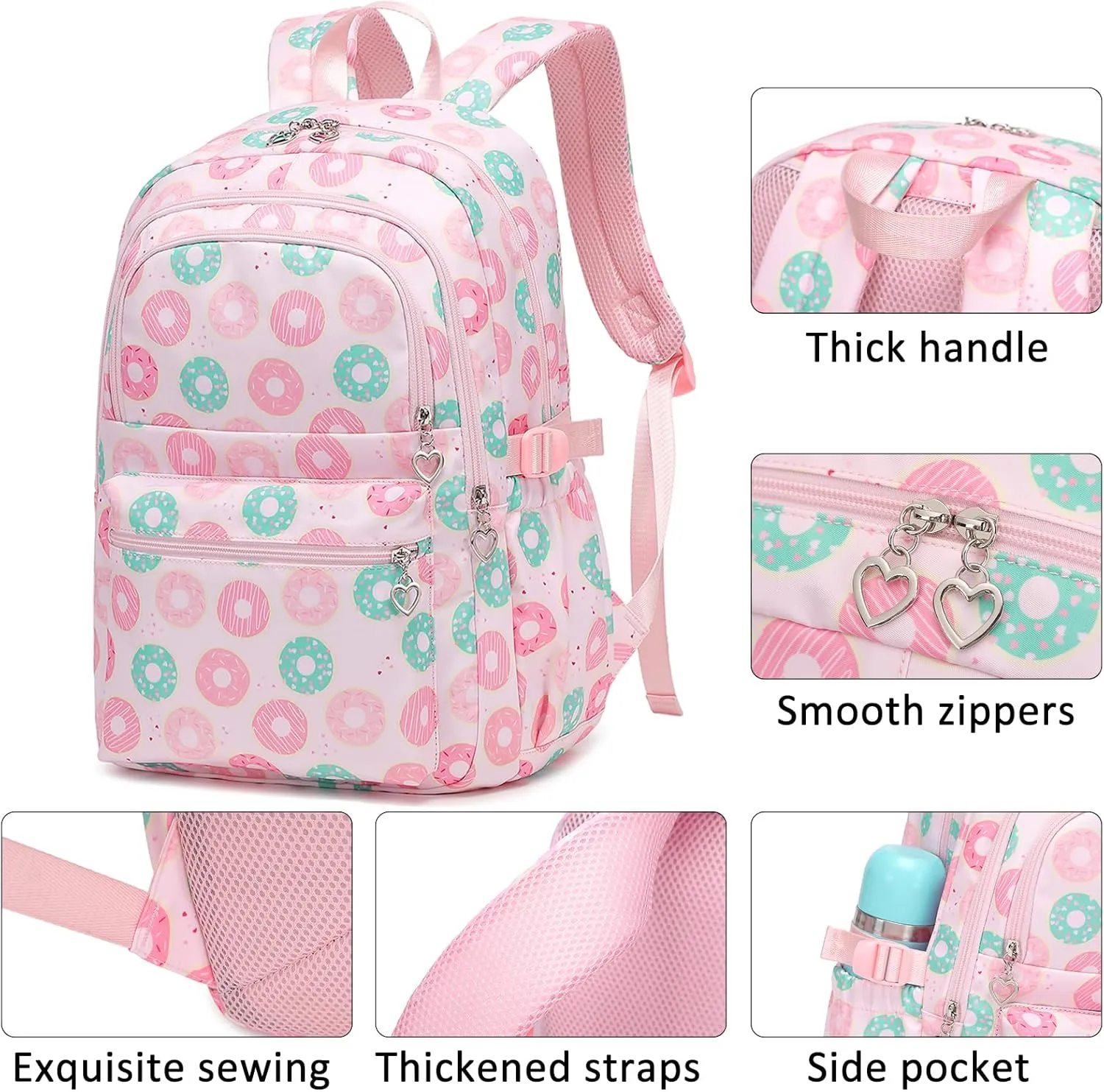 Createy Donut Prints Girls Backpack with Lunch Box Lightweight Elementary Primary Middle Backpack for School Kids BookBags Set