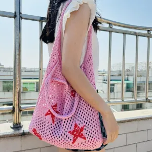 Crochet Tote Bag Fairy Grunge Aesthetic Tote Bag Fairycore Hobo Bag for Women Mesh Beach Bags Y2k Accessories