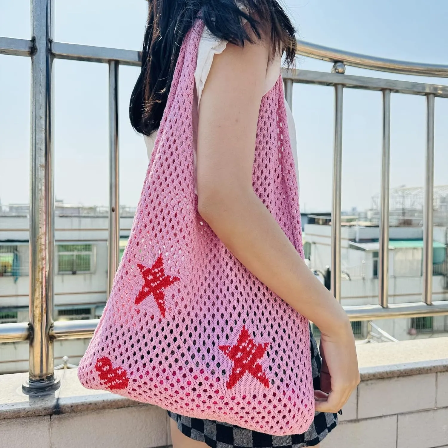 Crochet Tote Bag Fairy Grunge Aesthetic Tote Bag Fairycore Hobo Bag for Women Mesh Beach Bags Y2k Accessories