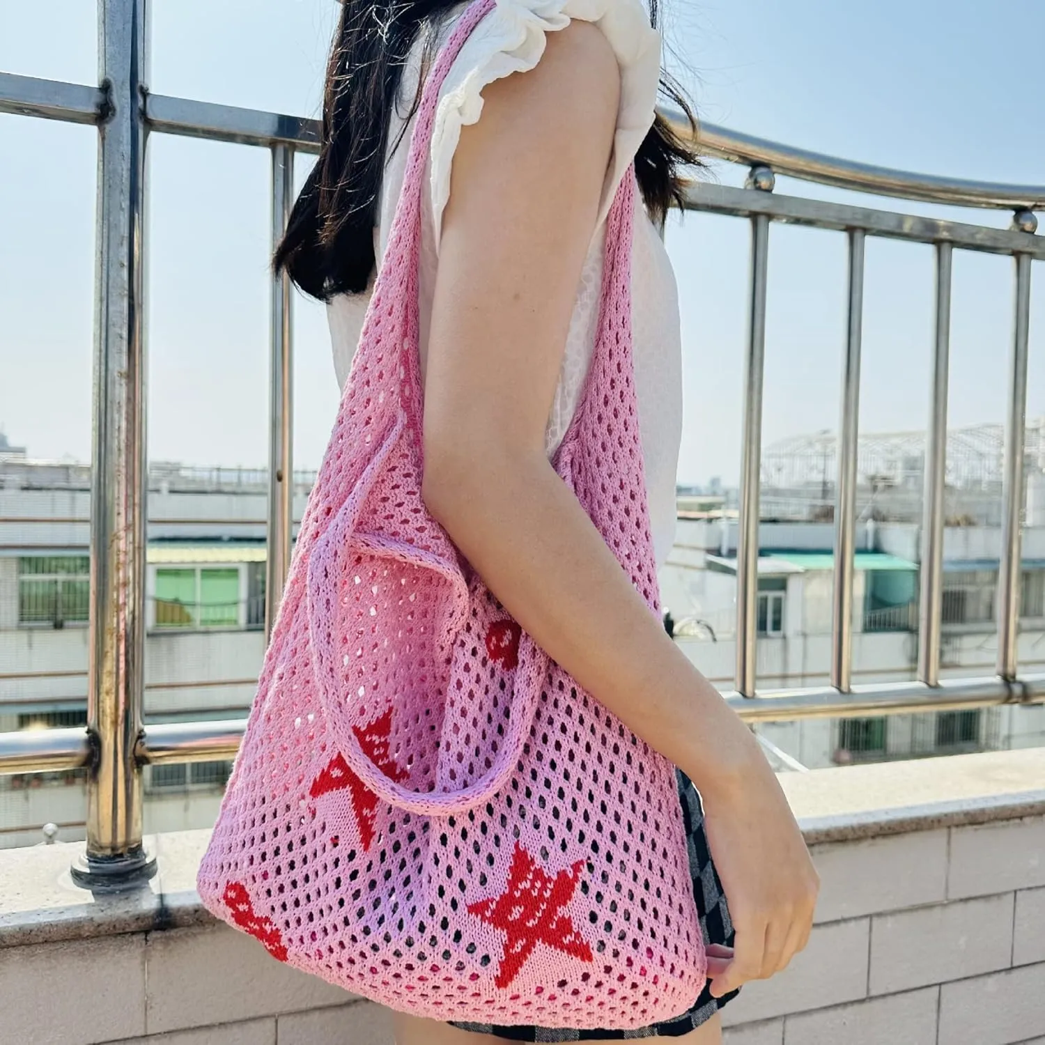 Crochet Tote Bag Fairy Grunge Aesthetic Tote Bag Fairycore Hobo Bag for Women Mesh Beach Bags Y2k Accessories