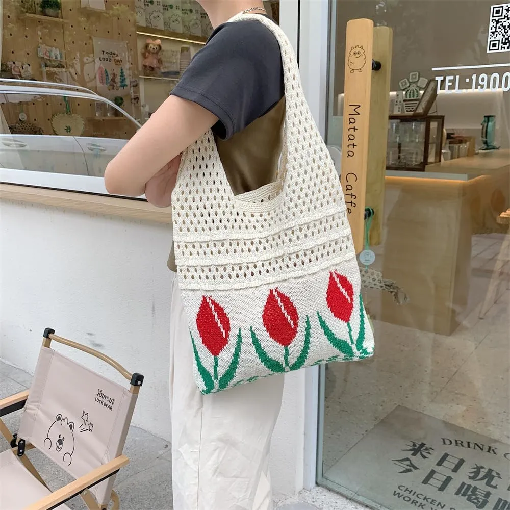 Crochet Tote Bag Women's Summer Aesthetic Mesh Beach Bags Knitting Handbags Cute