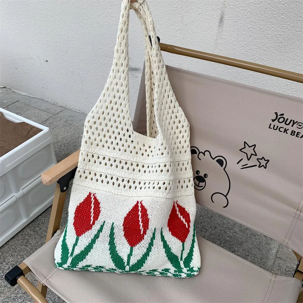 Crochet Tote Bag Women's Summer Aesthetic Mesh Beach Bags Knitting Handbags Cute