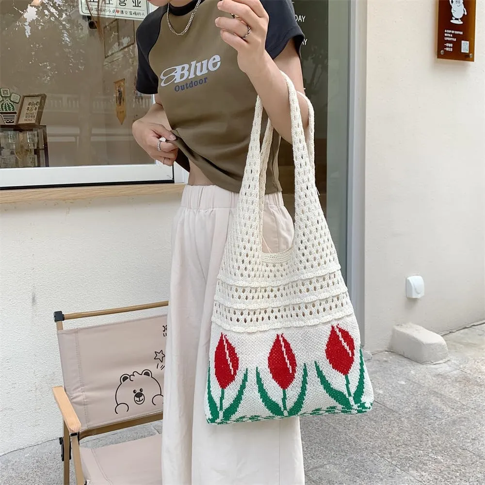 Crochet Tote Bag Women's Summer Aesthetic Mesh Beach Bags Knitting Handbags Cute