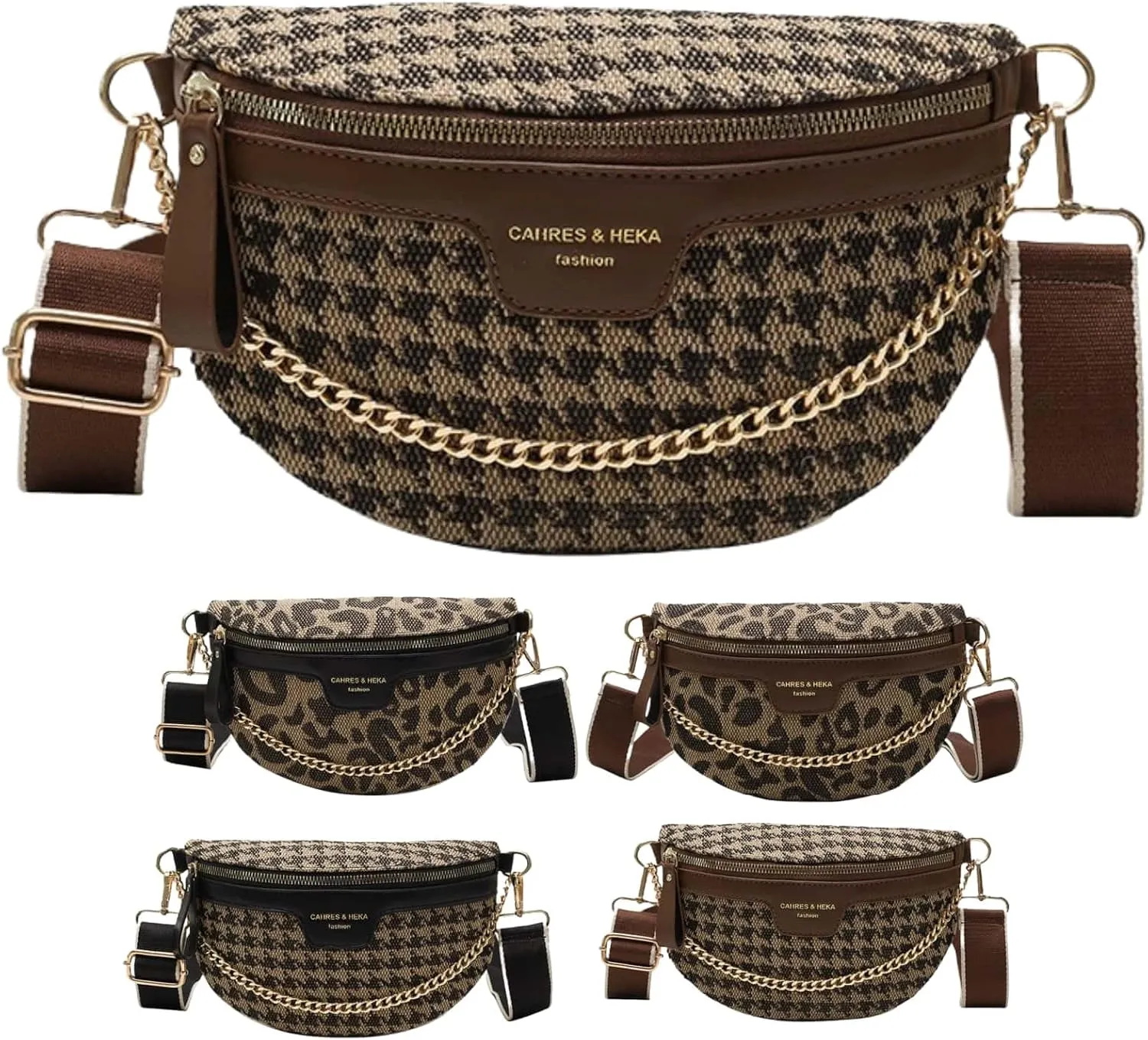 Crossbody Bags for Women Trendy All-match Sling Chest Bag Fashion Leopard Pattern Fanny Pack Zipper Casual Versatile (Houndstooth Brown)