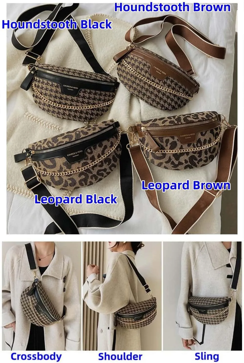 Crossbody Bags for Women Trendy All-match Sling Chest Bag Fashion Leopard Pattern Fanny Pack Zipper Casual Versatile (Houndstooth Brown)