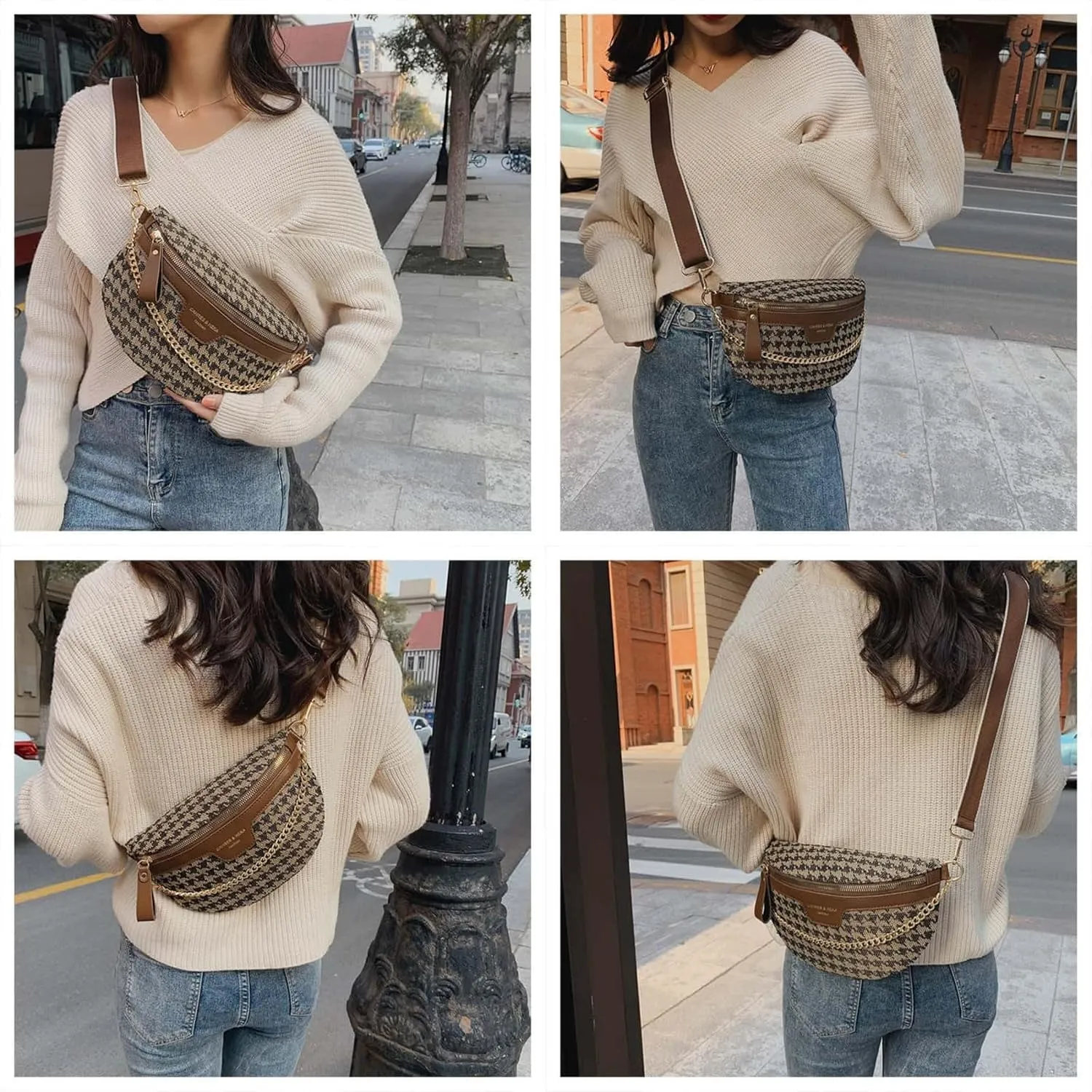 Crossbody Bags for Women Trendy All-match Sling Chest Bag Fashion Leopard Pattern Fanny Pack Zipper Casual Versatile (Houndstooth Brown)