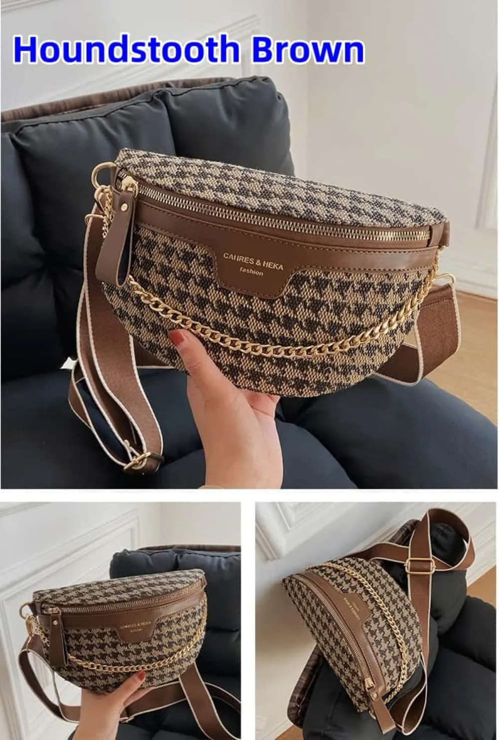 Crossbody Bags for Women Trendy All-match Sling Chest Bag Fashion Leopard Pattern Fanny Pack Zipper Casual Versatile (Houndstooth Brown)