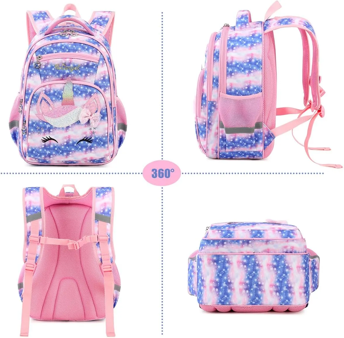 Cusangel Girls Backpack with Lunch Box Pencil Case,Cute Multi Compartment Preschool Elementary Primary Backpack for Girls Sky Unicorn 3pcs Backpack for Girls