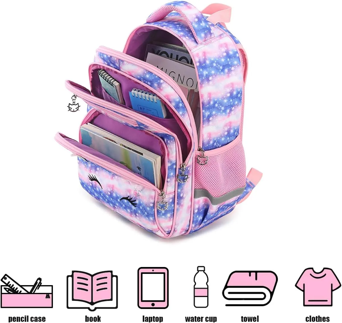 Cusangel Girls Backpack with Lunch Box Pencil Case,Cute Multi Compartment Preschool Elementary Primary Backpack for Girls Sky Unicorn 3pcs Backpack for Girls