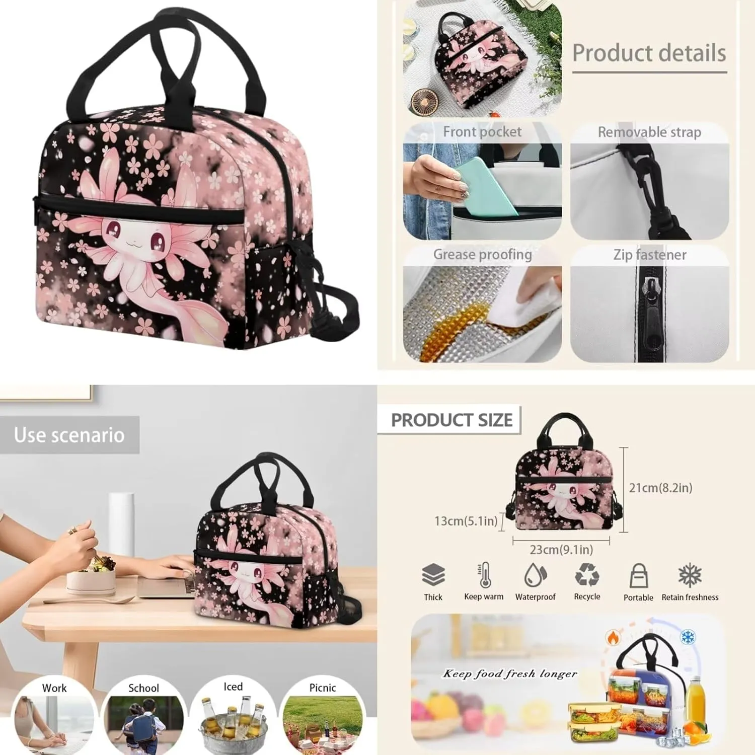 Custom Axolotl Backpack for School Girls Bookbags with Lunch Box and Pencil Case Personalized Cherry Blossoms Middle Elementary School Bag Rucksack for Kids Back to School Daycare Bag