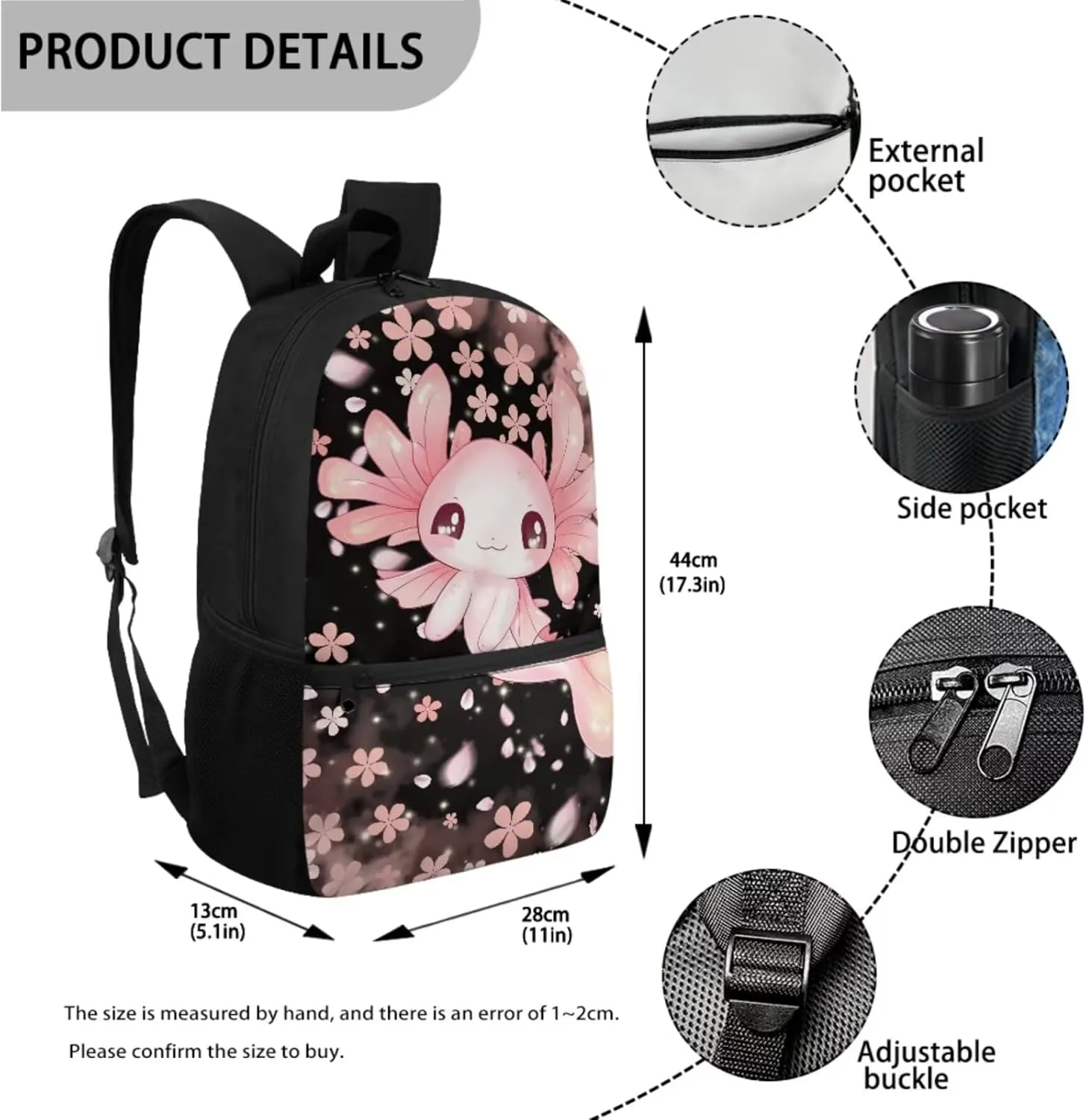 Custom Axolotl Backpack for School Girls Bookbags with Lunch Box and Pencil Case Personalized Cherry Blossoms Middle Elementary School Bag Rucksack for Kids Back to School Daycare Bag