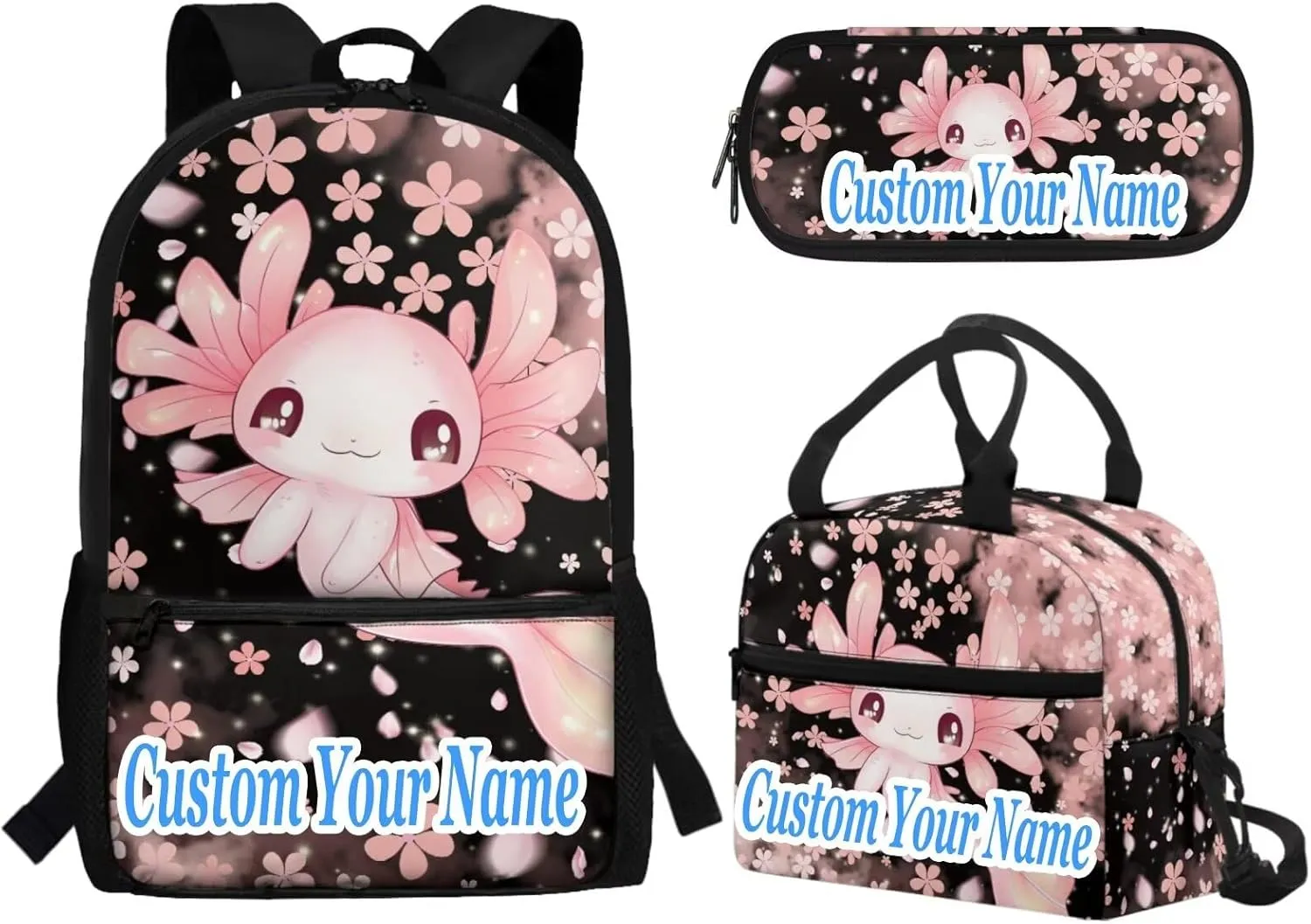 Custom Axolotl Backpack for School Girls Bookbags with Lunch Box and Pencil Case Personalized Cherry Blossoms Middle Elementary School Bag Rucksack for Kids Back to School Daycare Bag