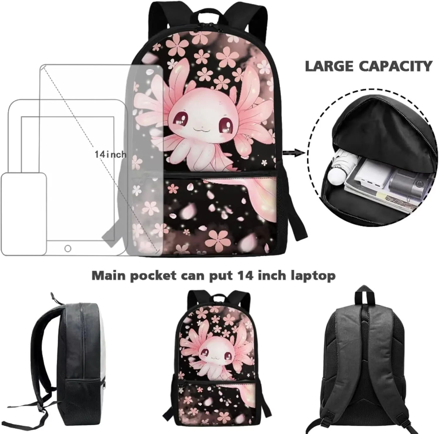 Custom Axolotl Backpack for School Girls Bookbags with Lunch Box and Pencil Case Personalized Cherry Blossoms Middle Elementary School Bag Rucksack for Kids Back to School Daycare Bag