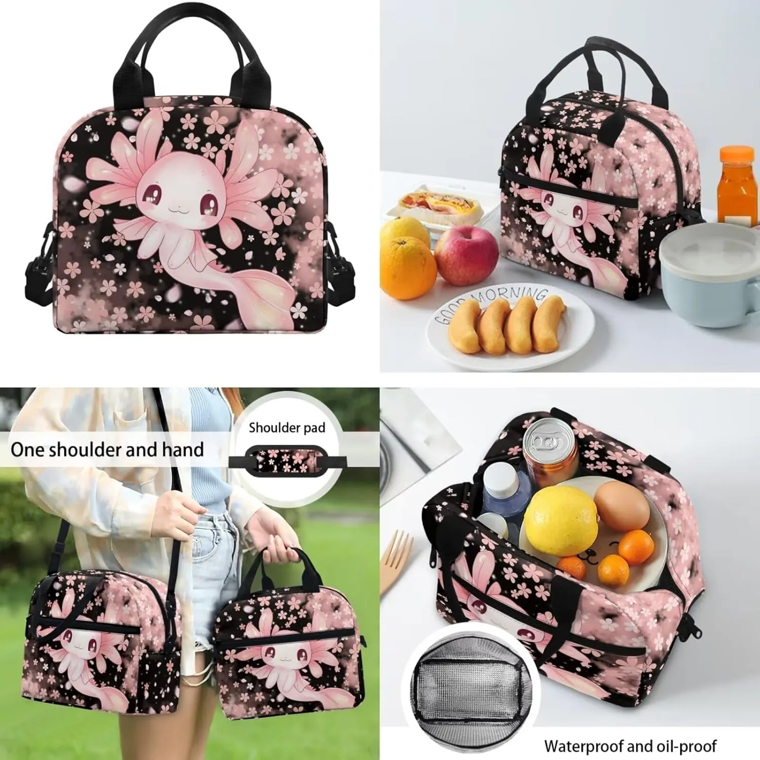 Custom Axolotl Backpack for School Girls Bookbags with Lunch Box and Pencil Case Personalized Cherry Blossoms Middle Elementary School Bag Rucksack for Kids Back to School Daycare Bag
