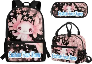 Custom Axolotl Backpack for School Girls Bookbags with Lunch Box and Pencil Case Personalized Cherry Blossoms Middle Elementary School Bag Rucksack for Kids Back to School Daycare Bag