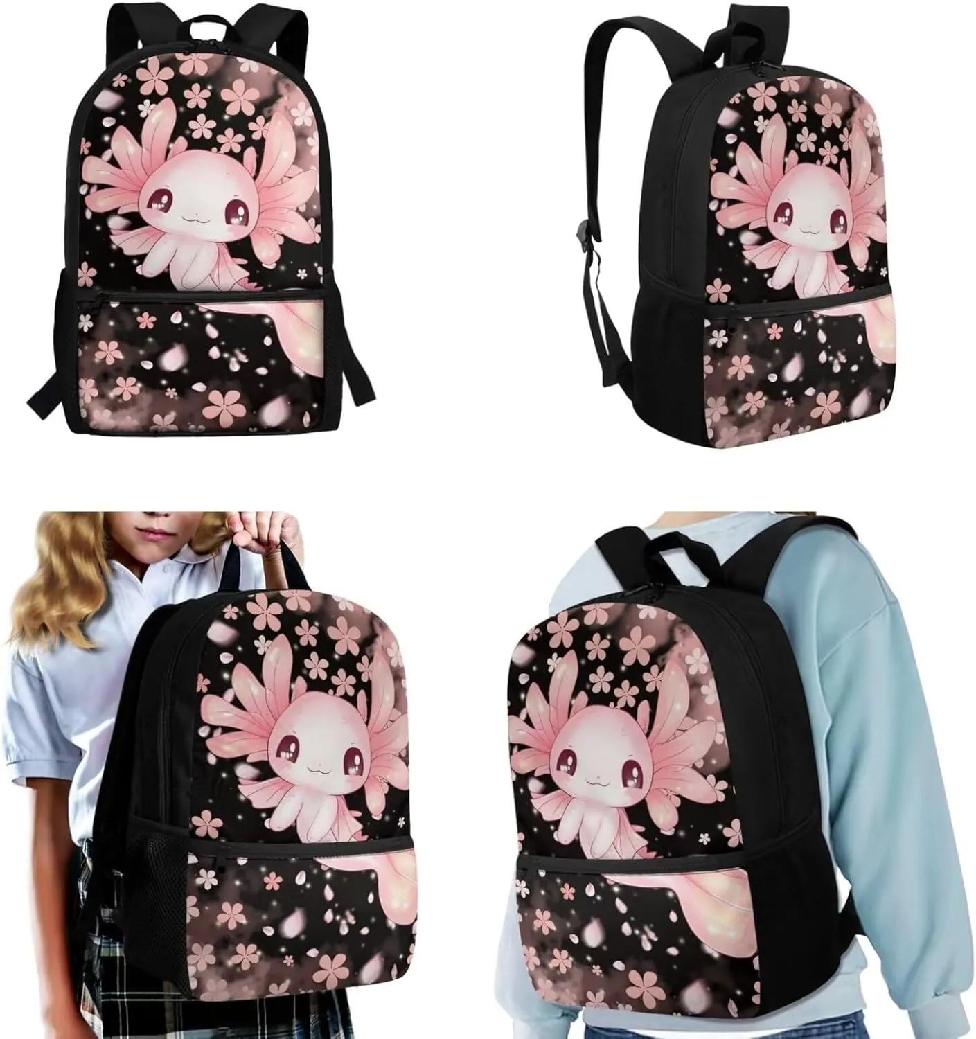 Custom Axolotl Backpack for School Girls Bookbags with Lunch Box and Pencil Case Personalized Cherry Blossoms Middle Elementary School Bag Rucksack for Kids Back to School Daycare Bag