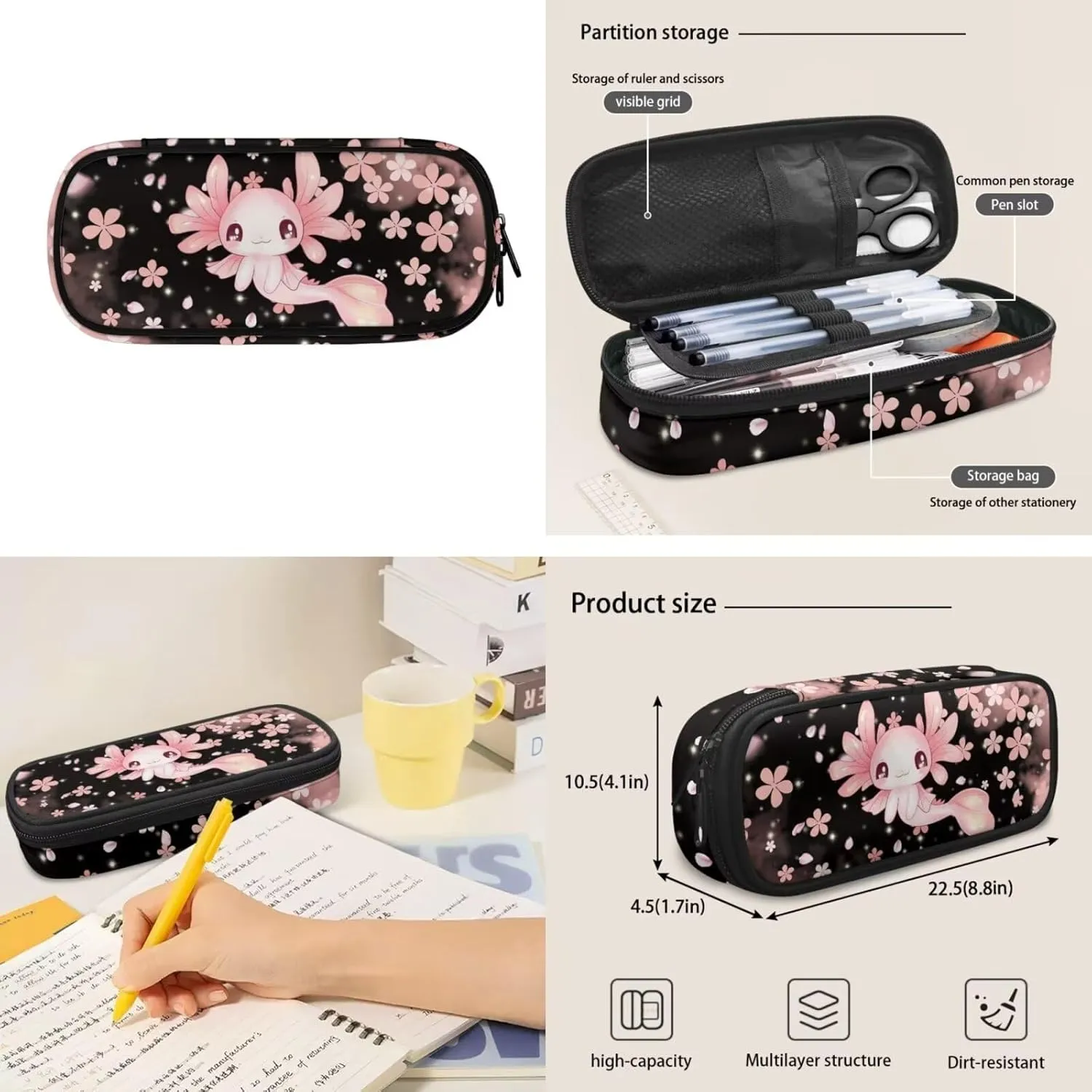 Custom Axolotl Backpack for School Girls Bookbags with Lunch Box and Pencil Case Personalized Cherry Blossoms Middle Elementary School Bag Rucksack for Kids Back to School Daycare Bag
